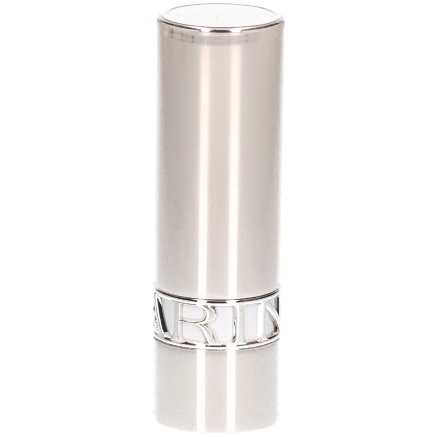 Tubo di rossetto argentato con linee verticali e un anello argentato.