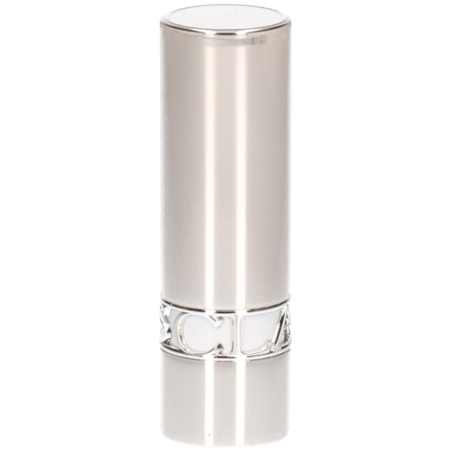 Tubo di rossetto argentato con linee verticali e un anello argentato.