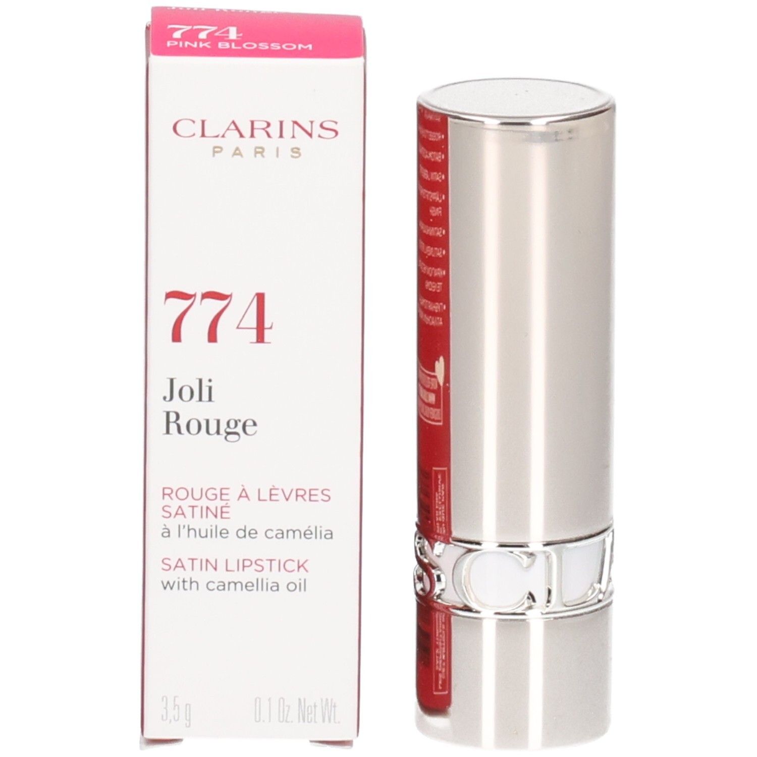 Tubo di rossetto argentato con linee verticali e un anello argentato.