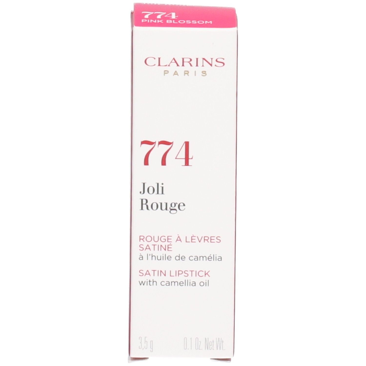 Rossetto Satin Clarins, colore 774 Pink Blossom, con olio di camelia.