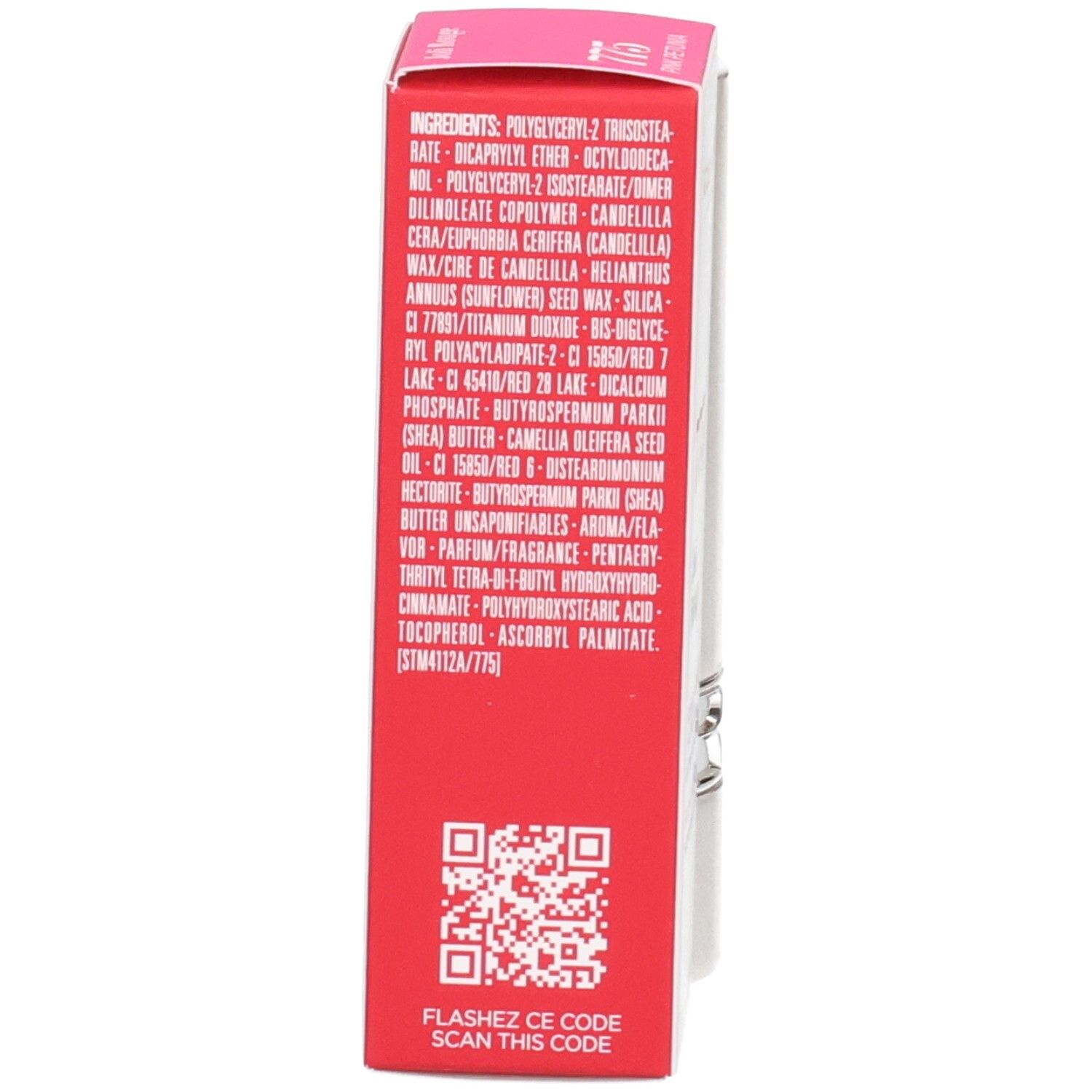 Rossetto Joli Rouge Clarins 775 Pink Petunia, retro della scatola con ingredienti.