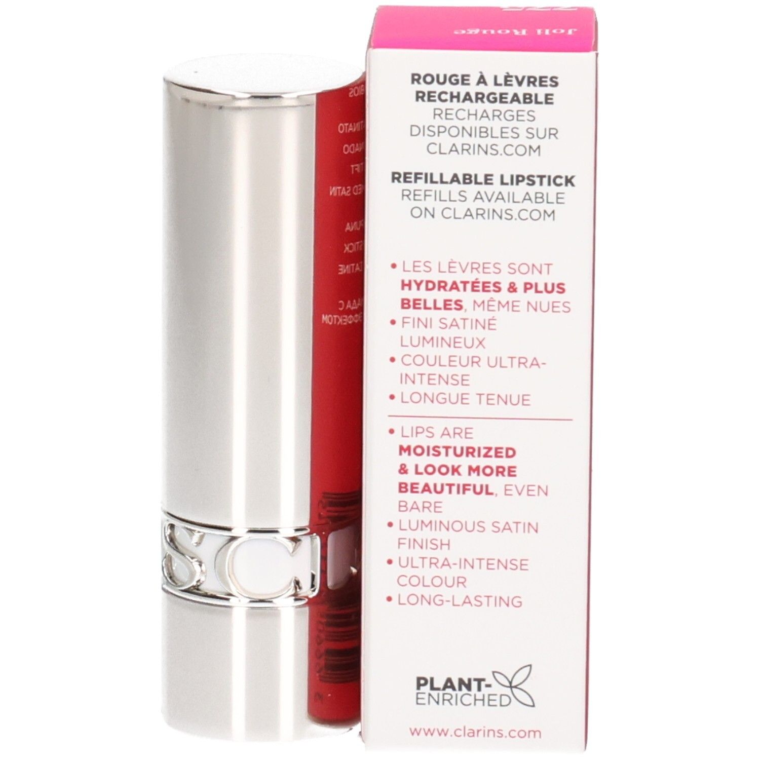 Rossetto Joli Rouge Clarins 775 Pink Petunia, astuccio argentato con stick rossetto rosso.
