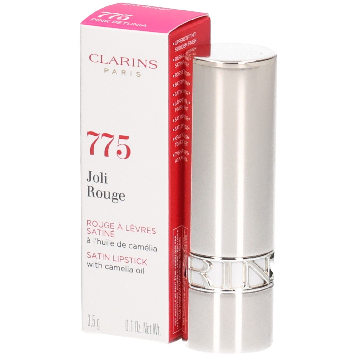 Rossetto Joli Rouge Clarins 775 Pink Petunia, astuccio argentato e scatola.