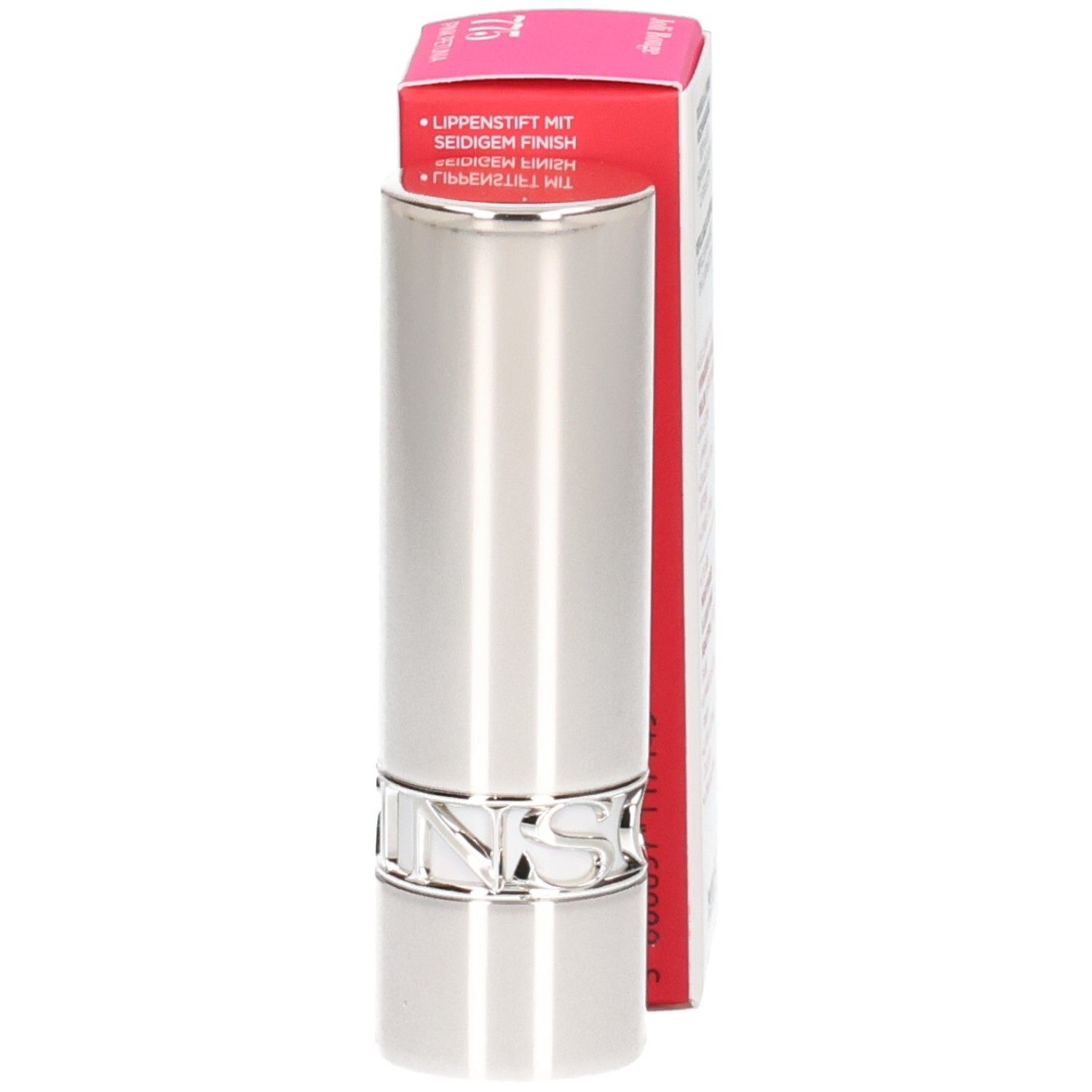 Rossetto Joli Rouge Clarins 775 Pink Petunia, astuccio argentato con logo.