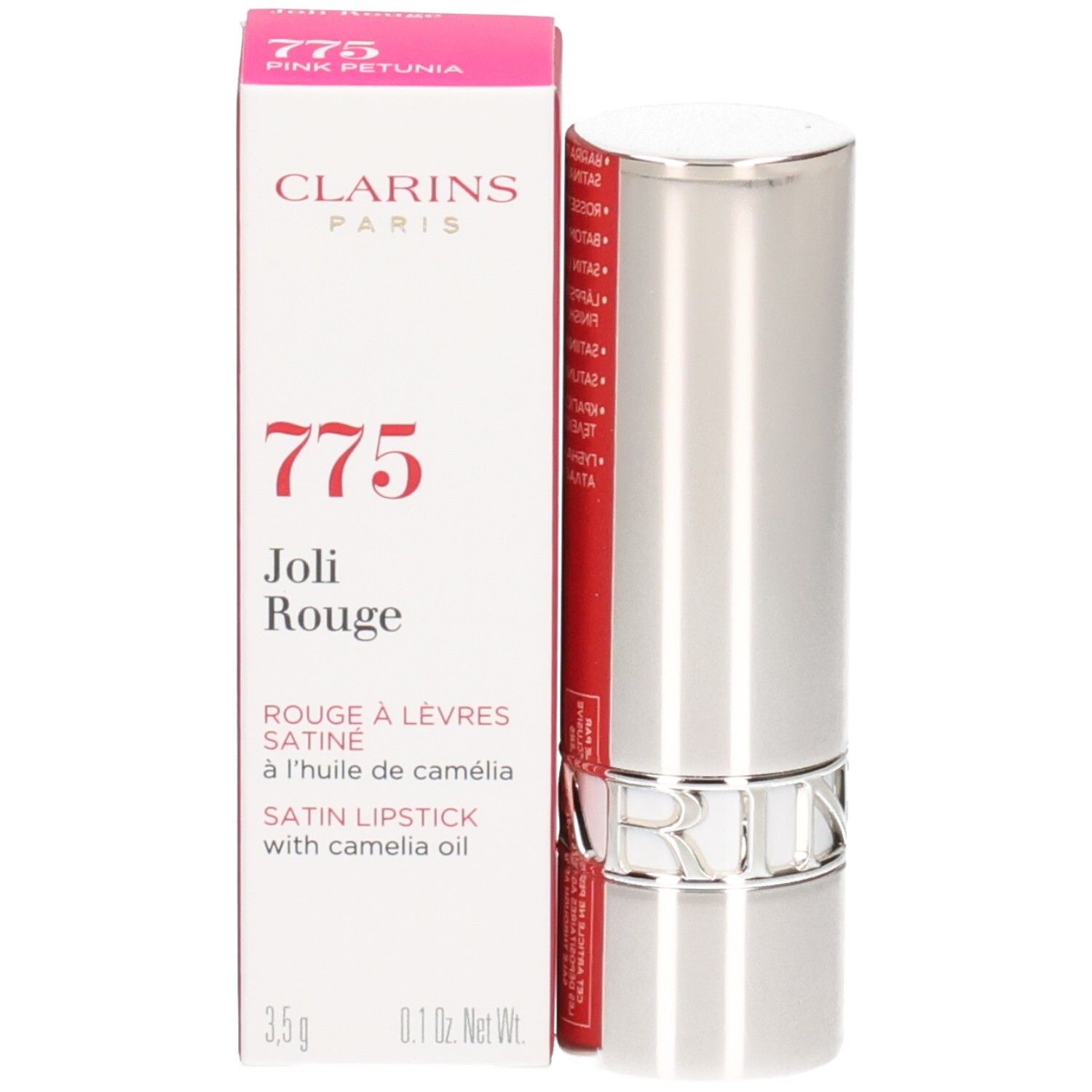 Rossetto Joli Rouge Clarins 775 Pink Petunia, astuccio argentato e scatola.