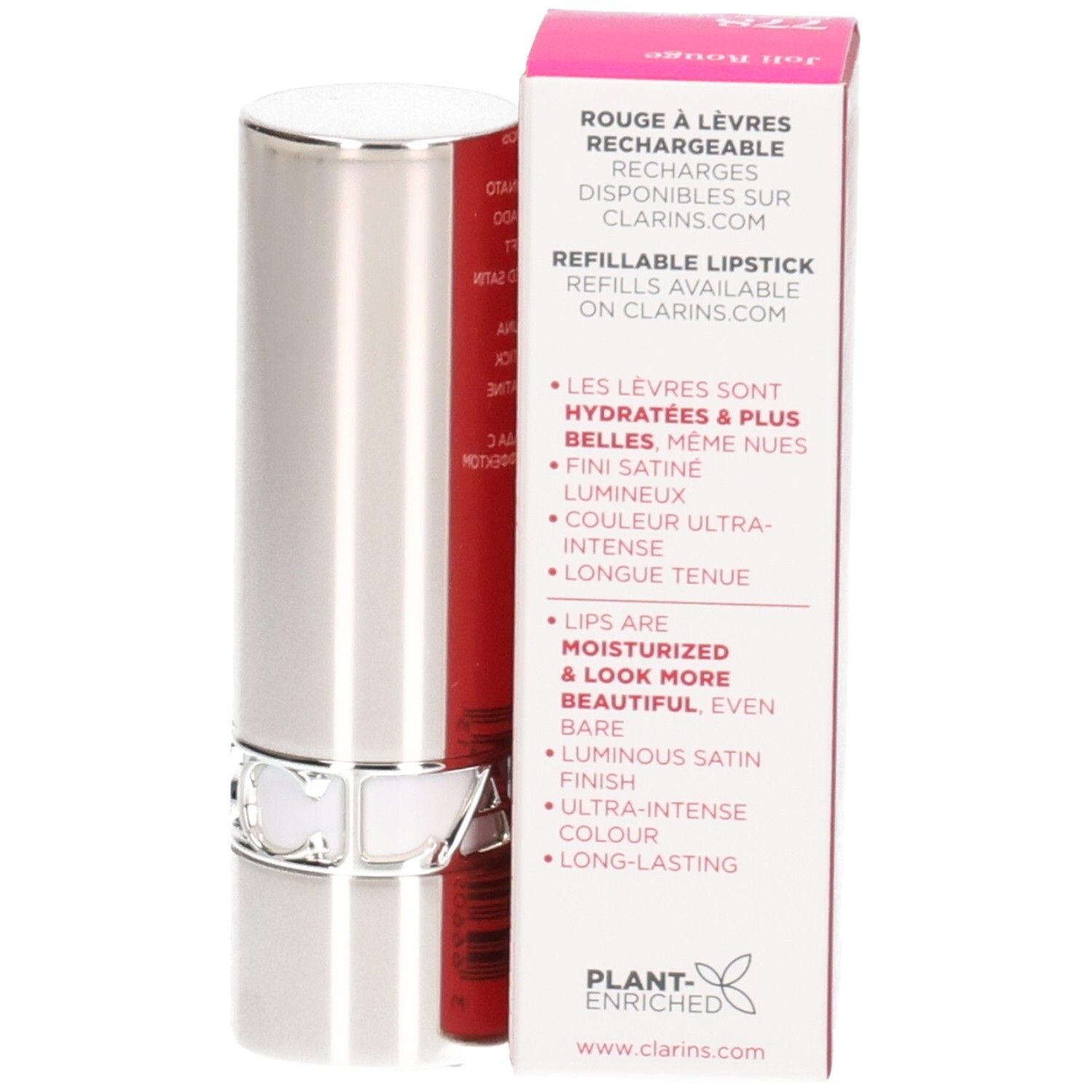 Rossetto satinato Clarins Joli Rouge 778 Pecan Nude: rossetto ricaricabile, astuccio argentato e scatola.