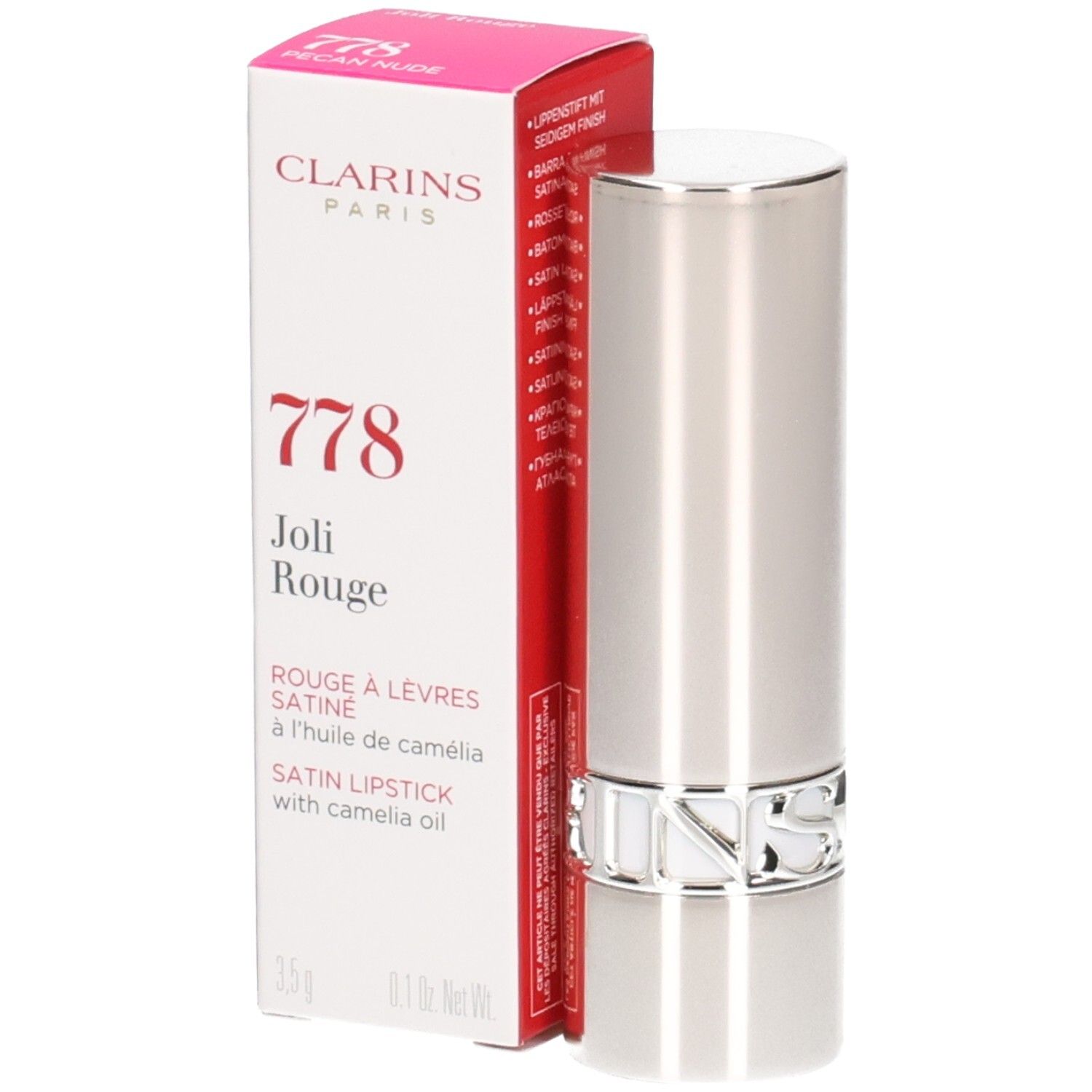 Rossetto satinato Clarins Joli Rouge 778 Pecan Nude, astuccio argentato e scatola.