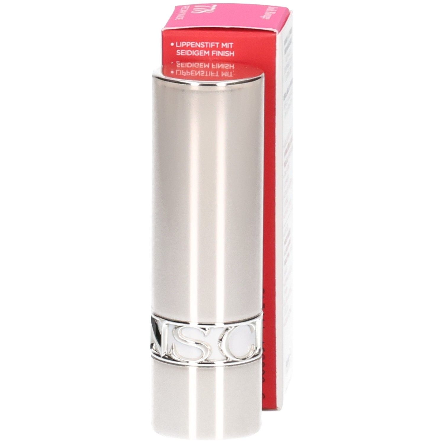 Rossetto satinato Clarins Joli Rouge 778 Pecan Nude: astuccio argentato con logo e scatola rossa.