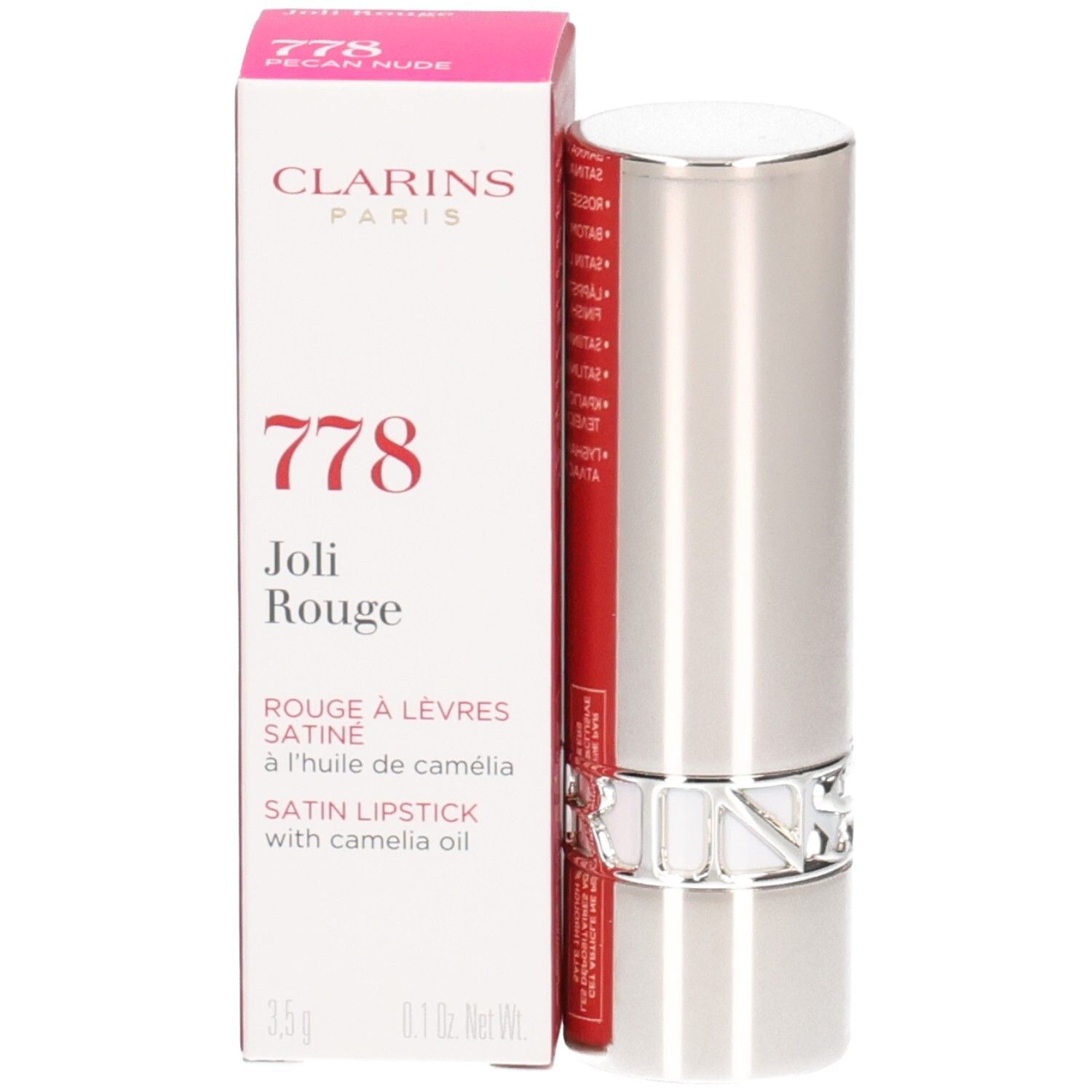 Rossetto satinato Clarins Joli Rouge 778 Pecan Nude, astuccio argentato e scatola.