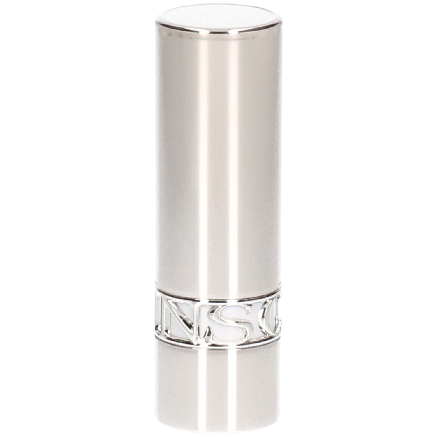 Tubo rossetto argentato, finitura lucida, nome del marchio in rilievo alla base.