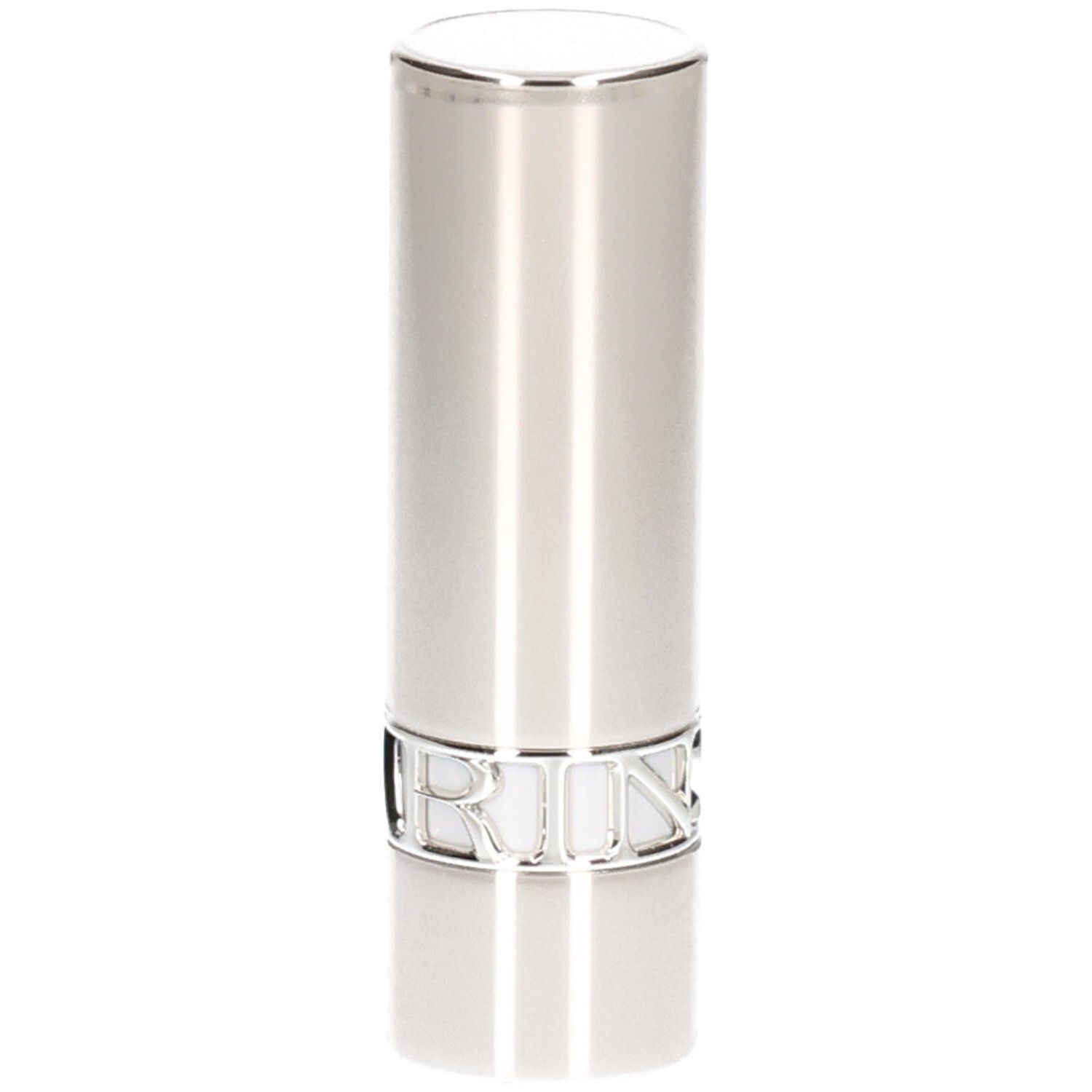 Tubo di rossetto argentato, finitura lucida, con nome del marchio argentato inciso alla base.