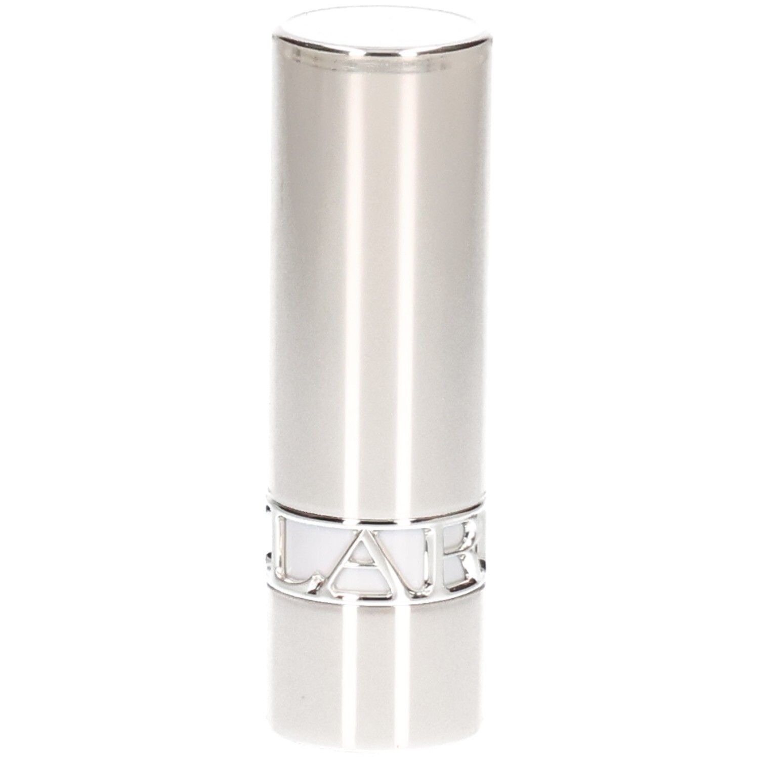 Tubo di rossetto argentato con finitura lucida e scritta argentata.