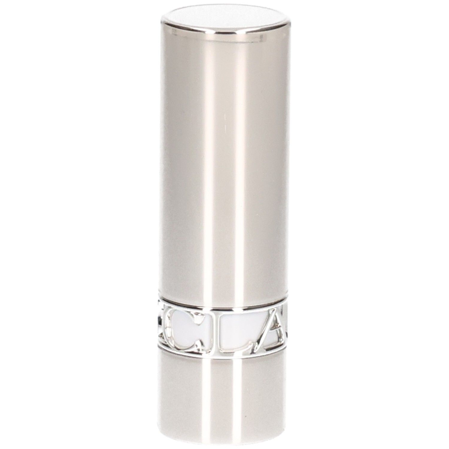 Contenitore rossetto argentato con tappo bianco e anello argentato inciso.