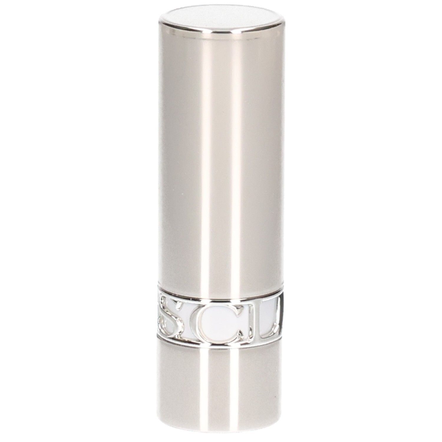Contenitore per rossetto argentato con linee verticali e un anello decorato.