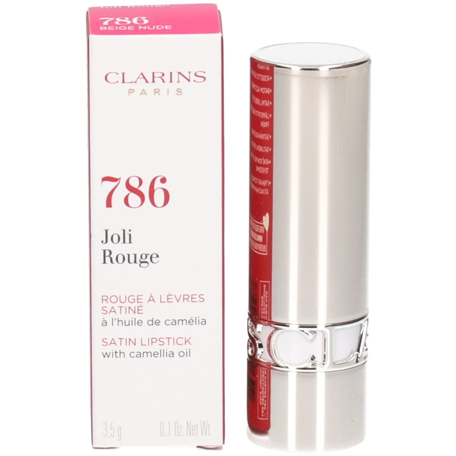Rossetto satinato Clarins Joli Rouge, colore 786 Beige Nude, con olio di camelia.