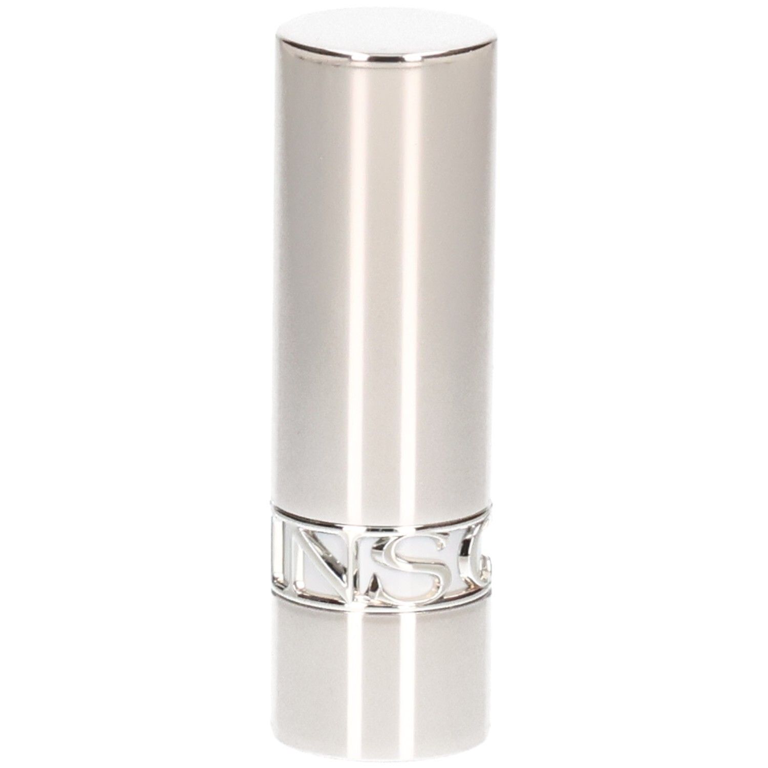 Tubo rossetto argentato, finitura lucida, con scritta argentata alla base.