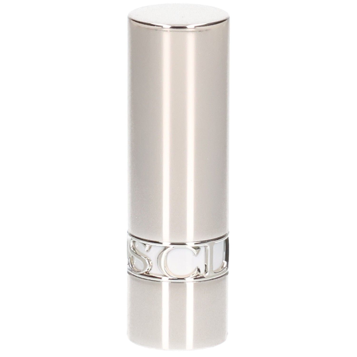 Tubo rossetto argentato, finitura lucida, con scritta argentata alla base.