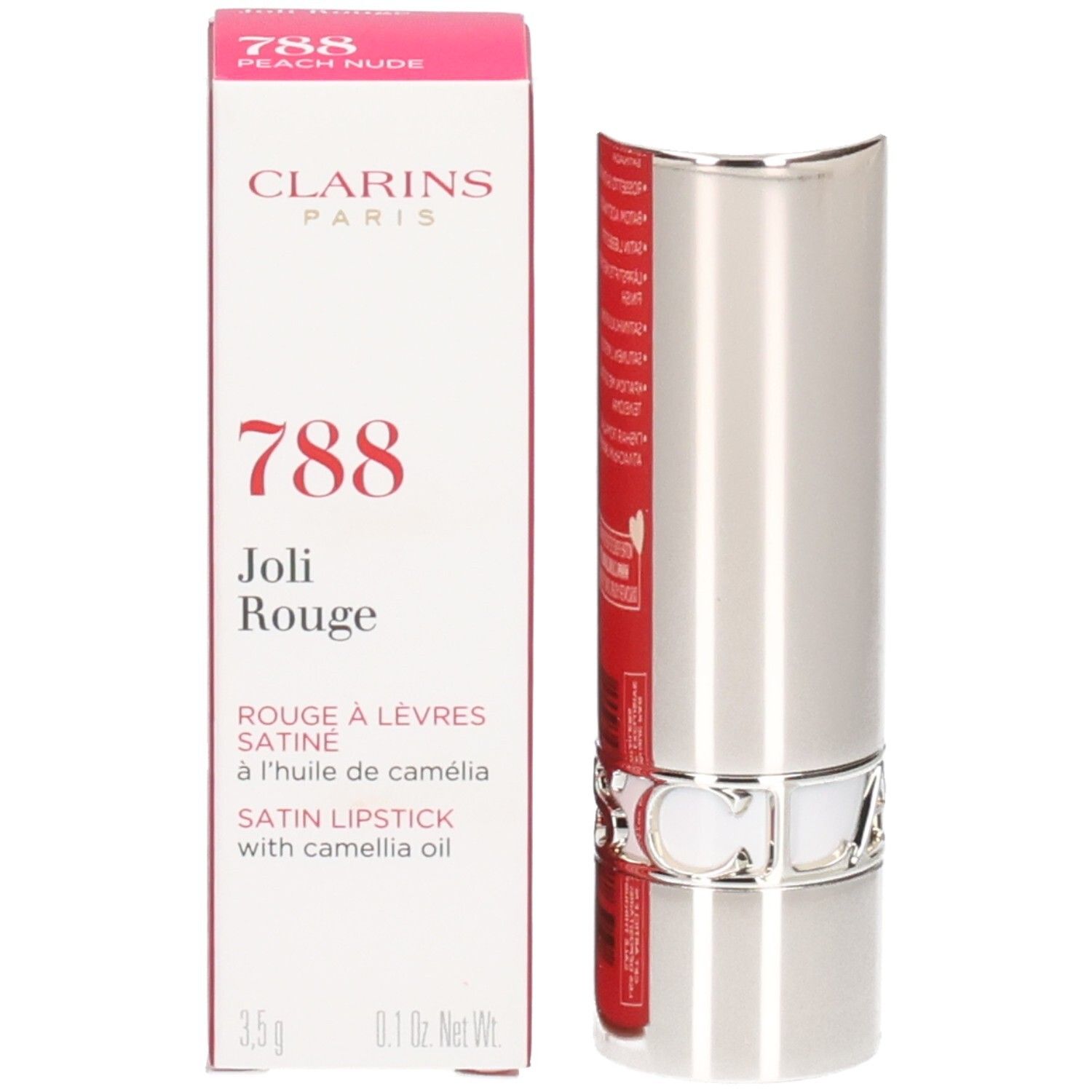 Rossetto Joli Rouge Satin Clarins, tonalità 788 Peach Nude, nel suo tubetto argentato accanto alla confezione.