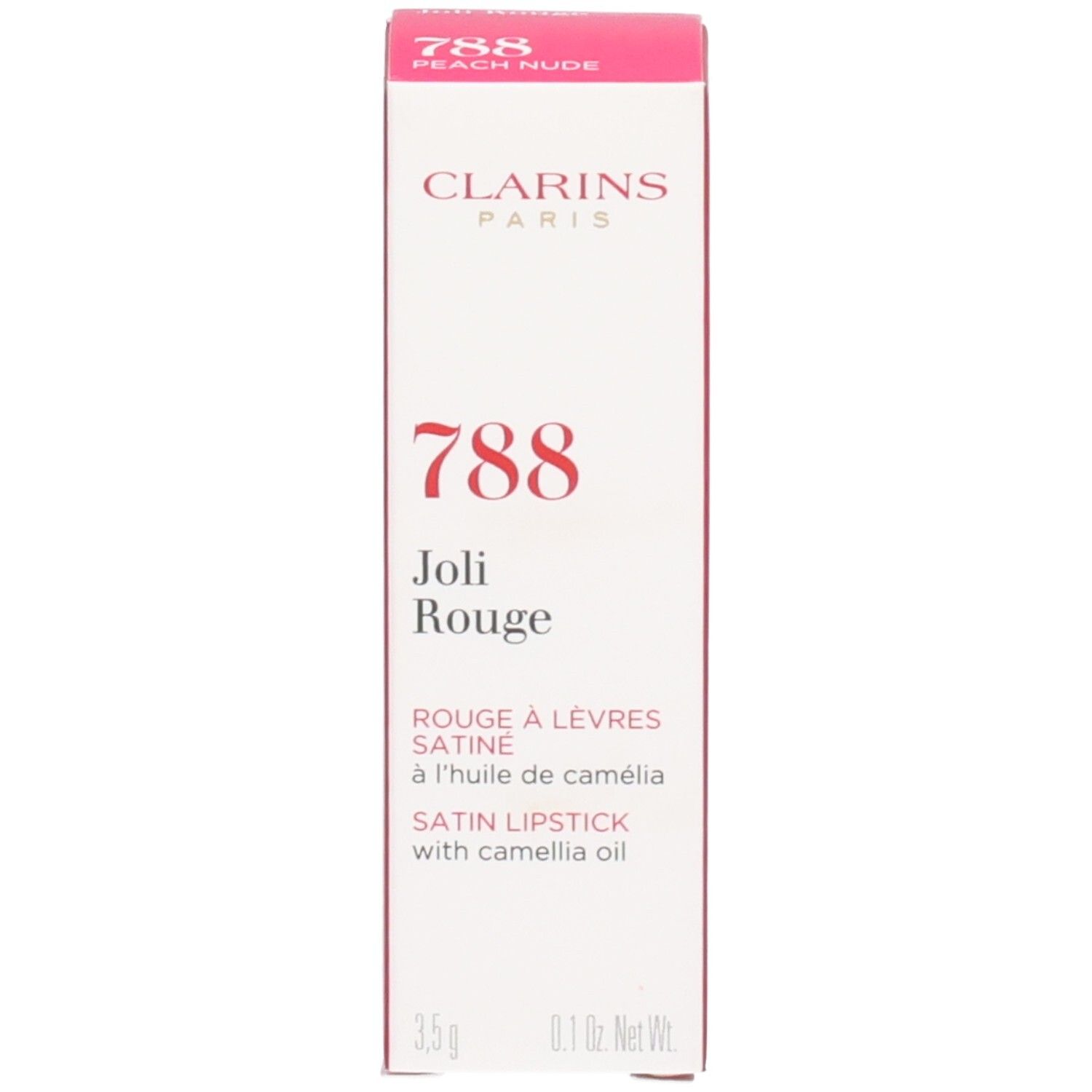 Confezione del rossetto Joli Rouge Satin Clarins, tonalità 788 Peach Nude, con informazioni sul prodotto.