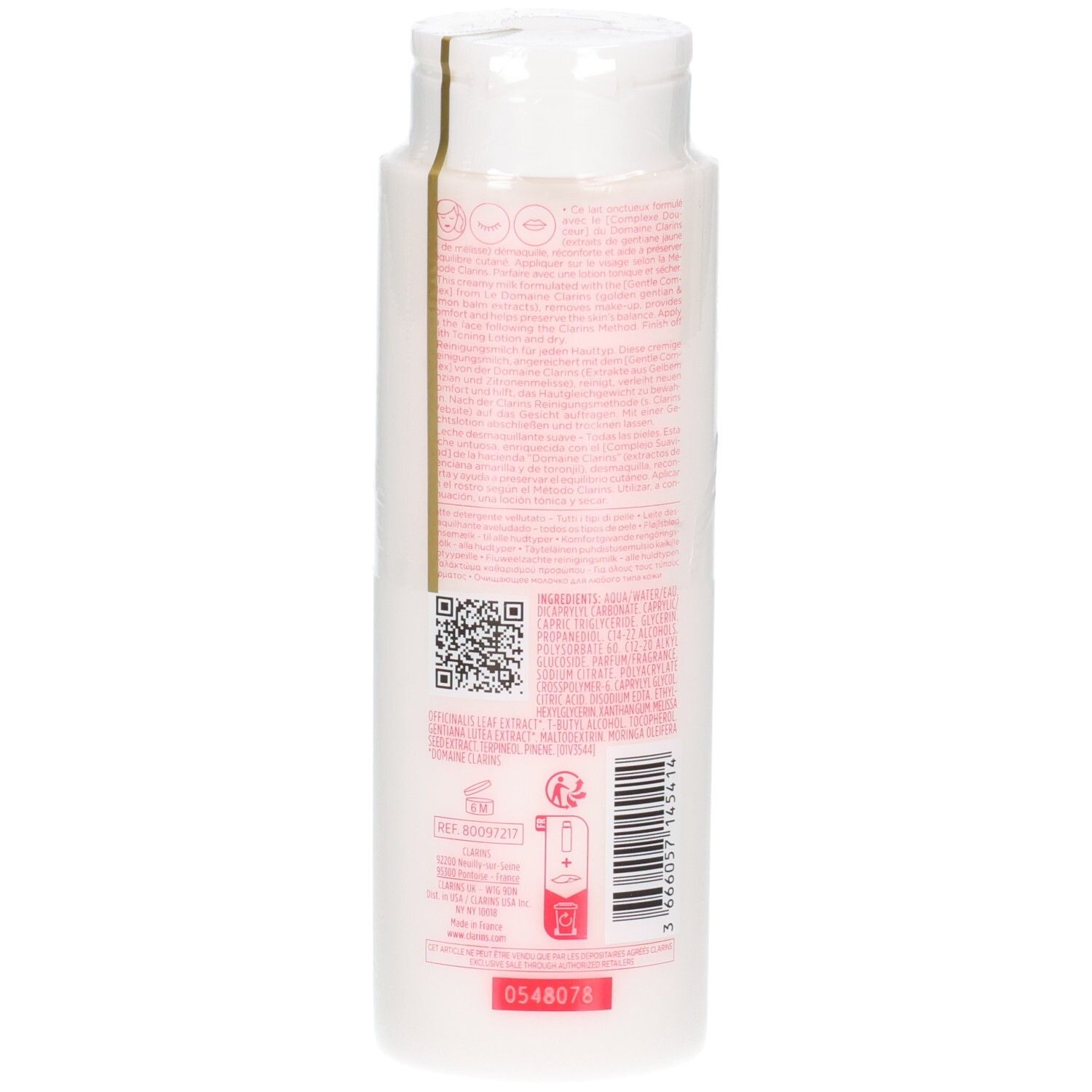 Clarins Latte Vellutato Struccante, retro con codice a barre e QR code.