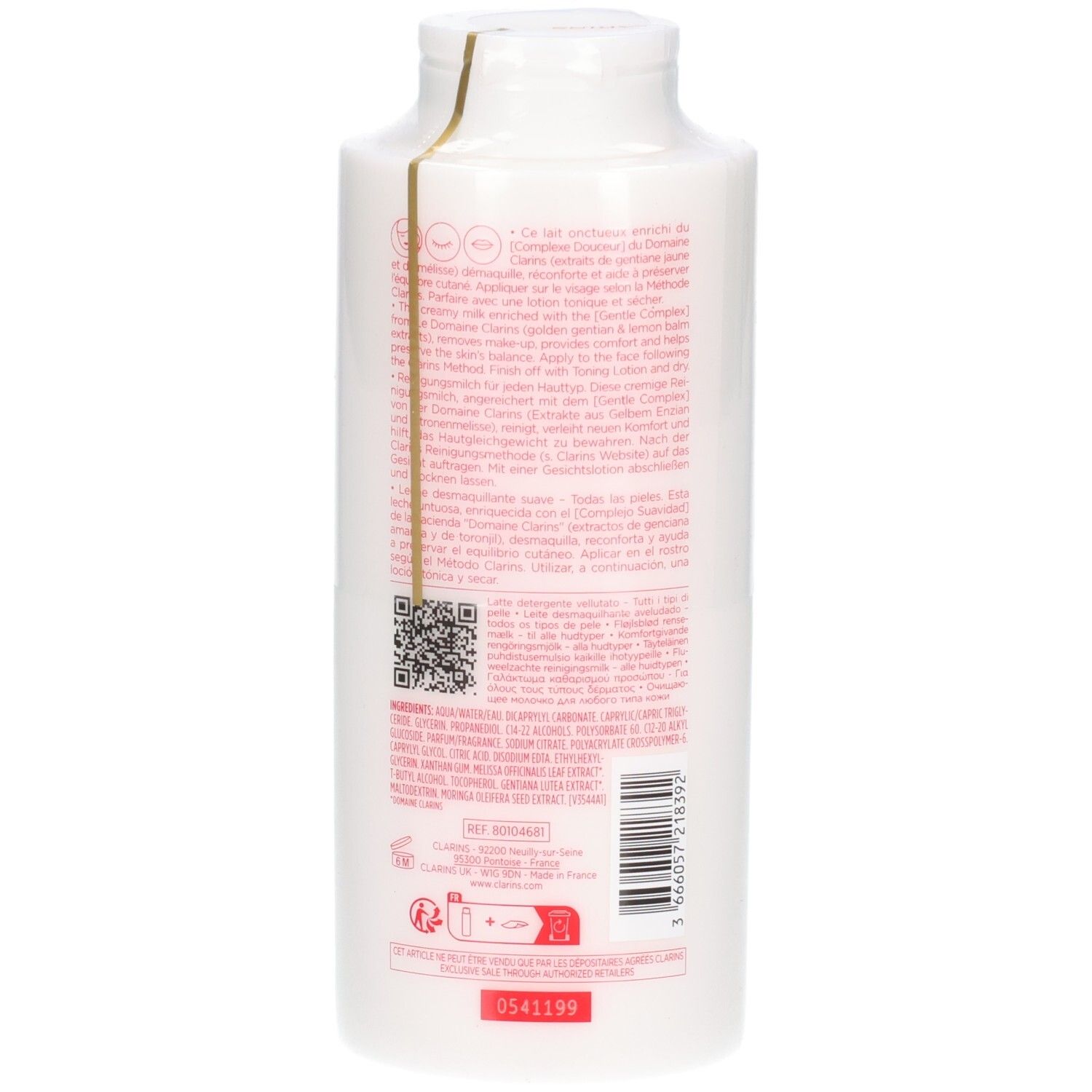 Clarins Lait Velours Demaquillant, 400 ml, retro con dettagli.