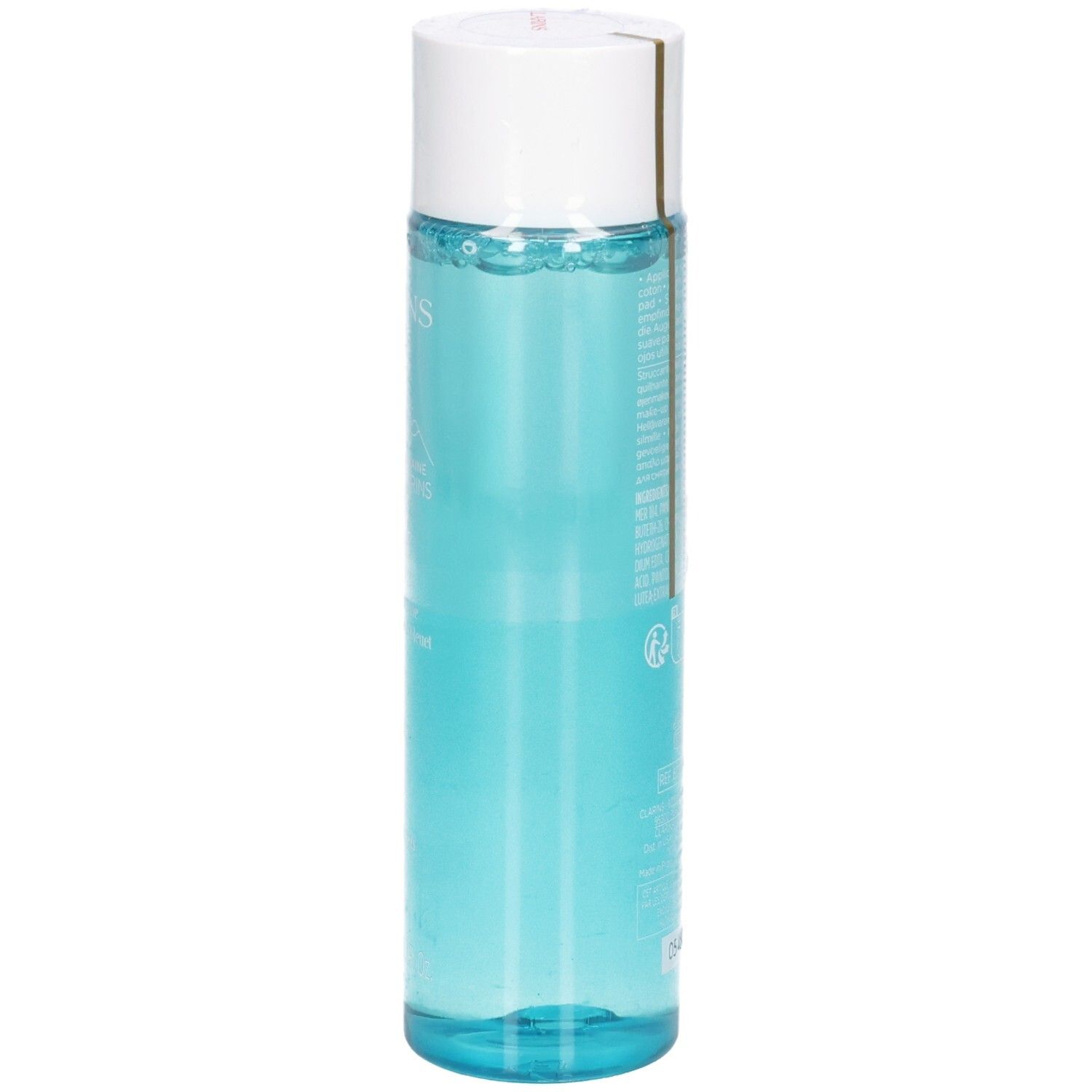 Flacone di liquido blu con tappo bianco.