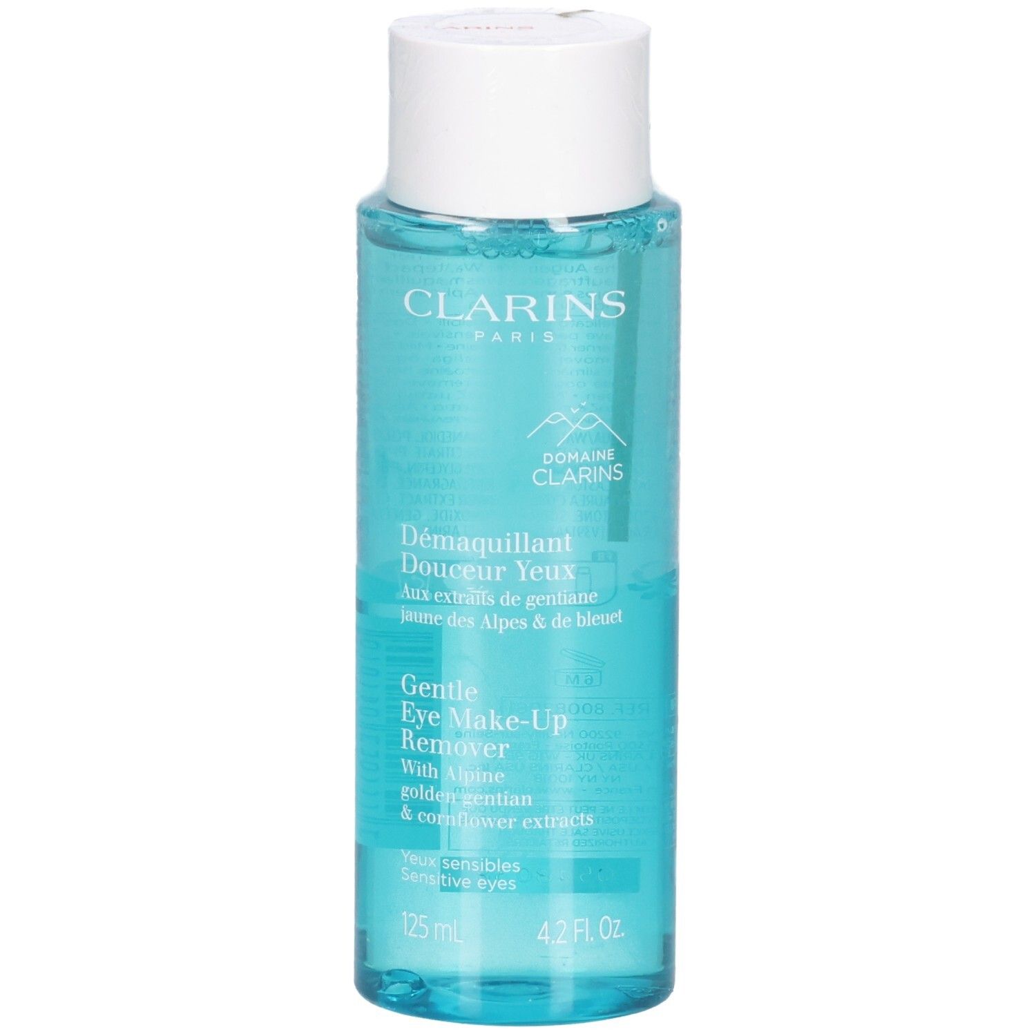 Clarins Struccante Delicato Occhi, 125 ml, flacone trasparente con tappo bianco.