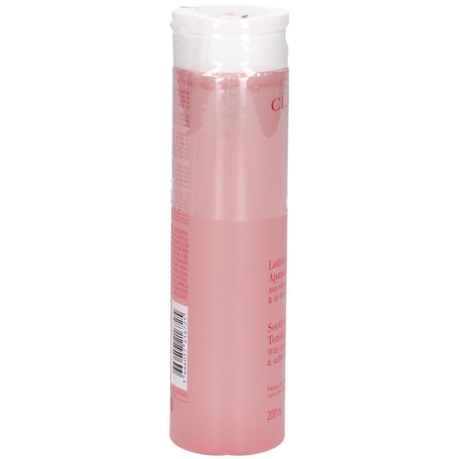 Lozione Tonica Lenitiva Clarins, vista laterale. Flacone rosa trasparente con tappo flip-top bianco. 200 ml.