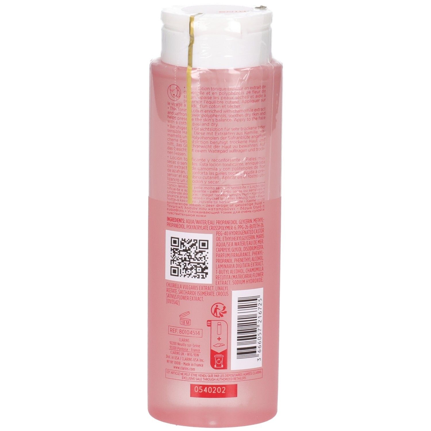 Retro del flacone di Lozione Tonica Lenitiva Clarins. Contiene ingredienti e codice a barre. 200 ml.