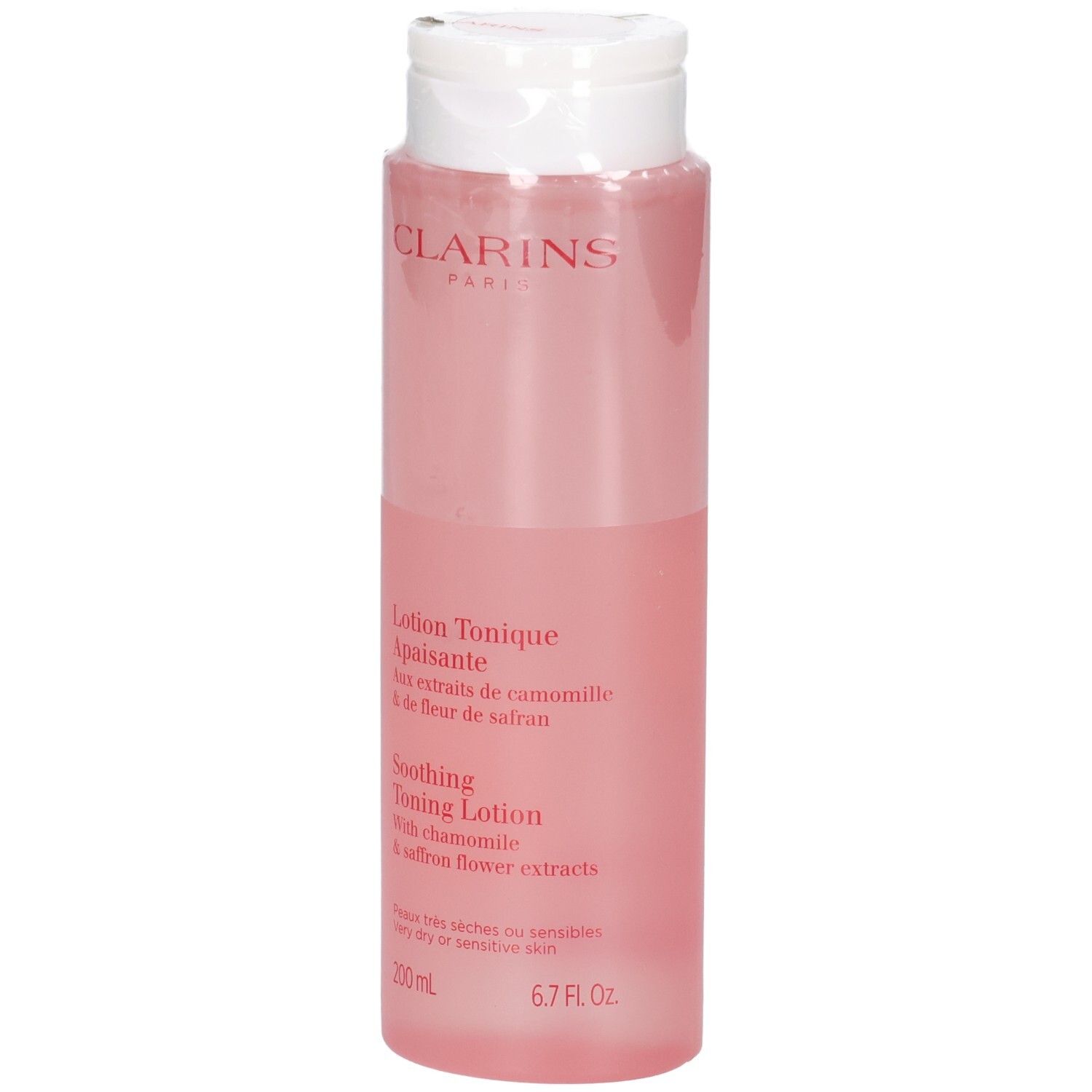 Lozione Tonica Lenitiva Clarins in flacone rosa trasparente con tappo flip-top bianco. 200 ml.
