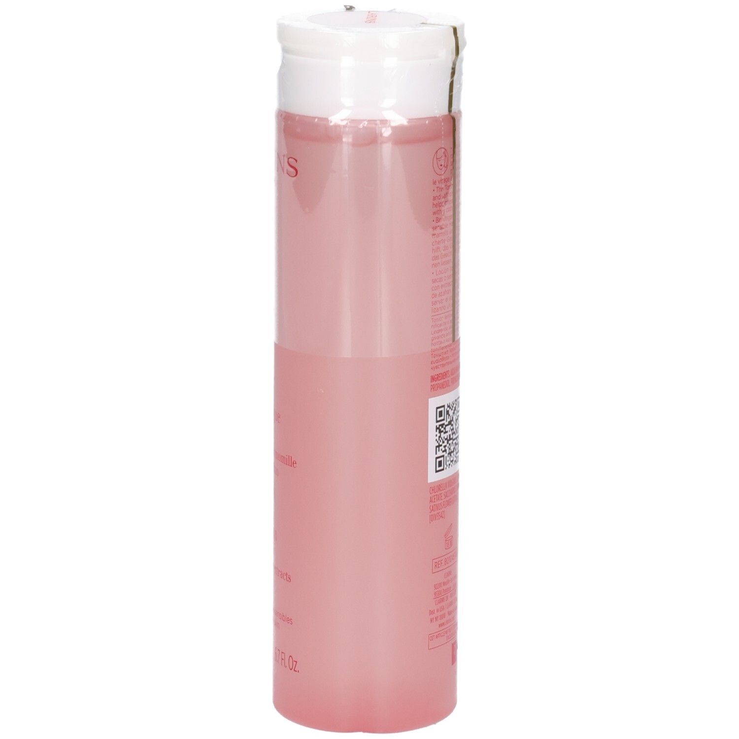 Lozione Tonica Lenitiva Clarins, vista laterale. Flacone rosa trasparente con tappo flip-top bianco. 200 ml.