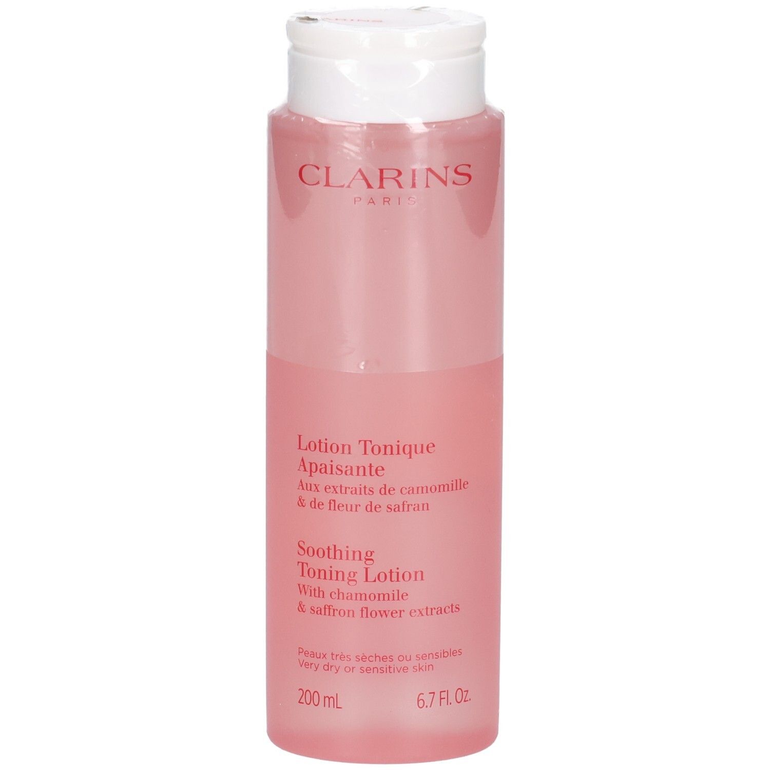 Lozione Tonica Lenitiva Clarins in flacone rosa trasparente con tappo flip-top bianco. 200 ml.