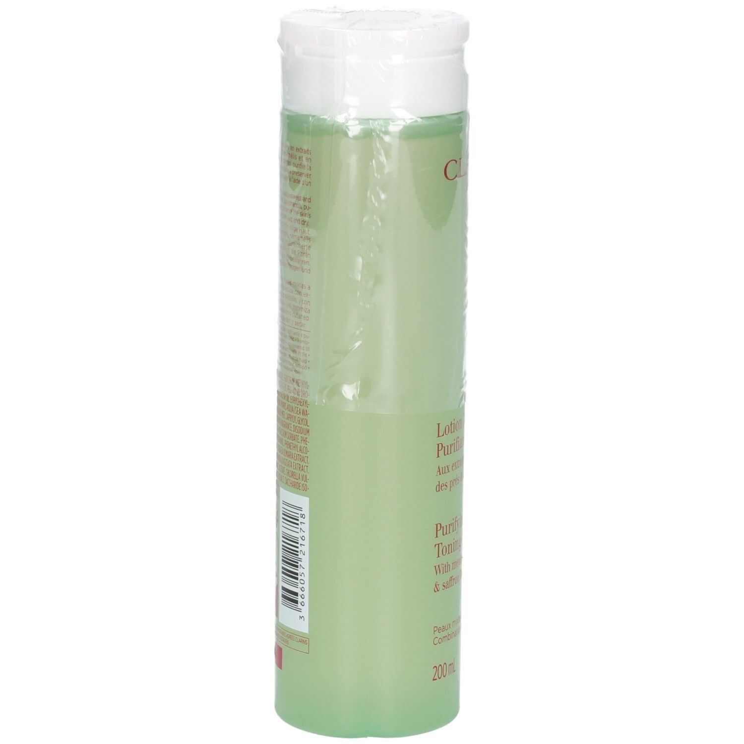 Clarins Lotion Tonique Purifiante, retro del flacone con etichetta e codice a barre.