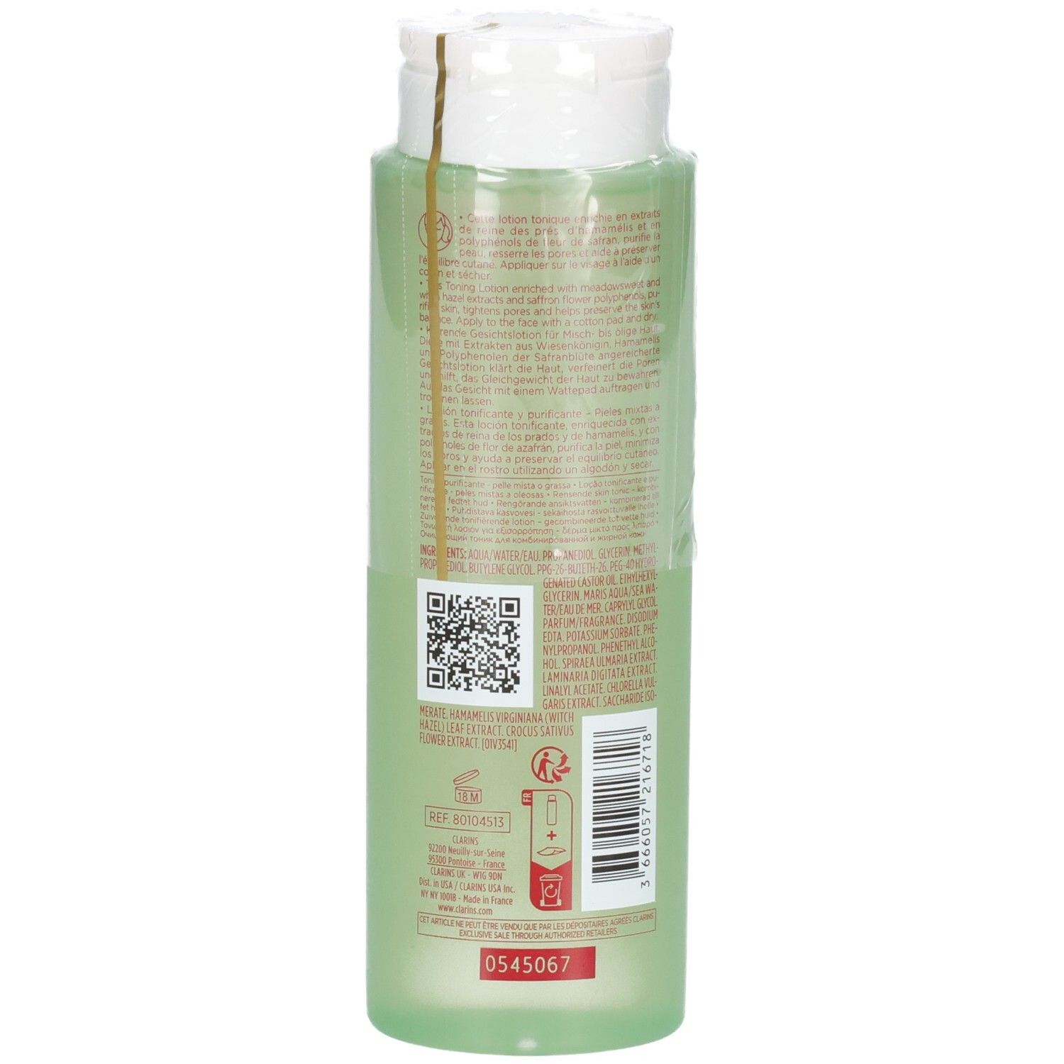 Clarins Lotion Tonique Purifiante, retro del flacone con QR code e informazioni sul prodotto.