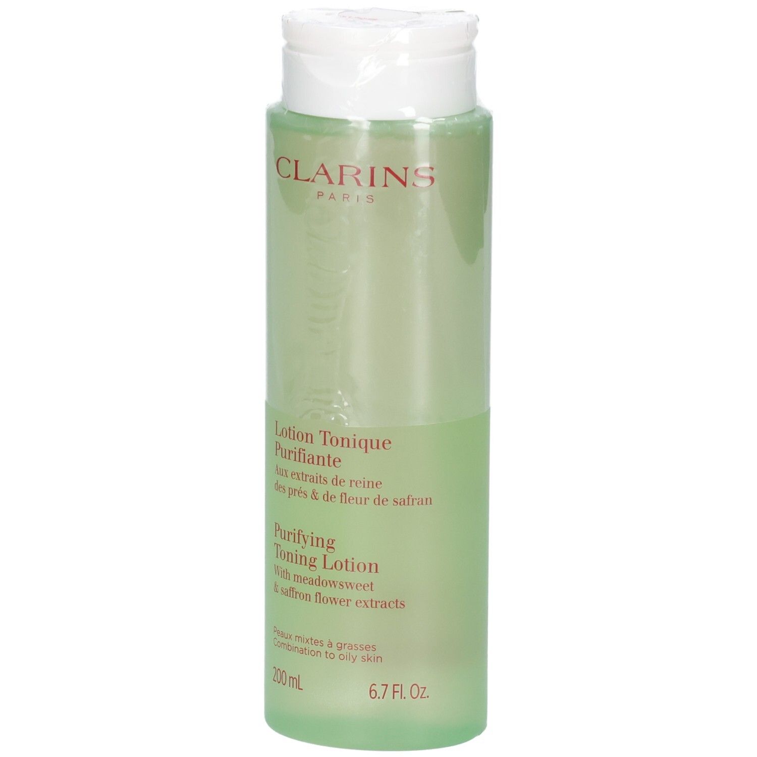 Clarins Lotion Tonique Purifiante, 200 ml, liquido verde chiaro in flacone trasparente.