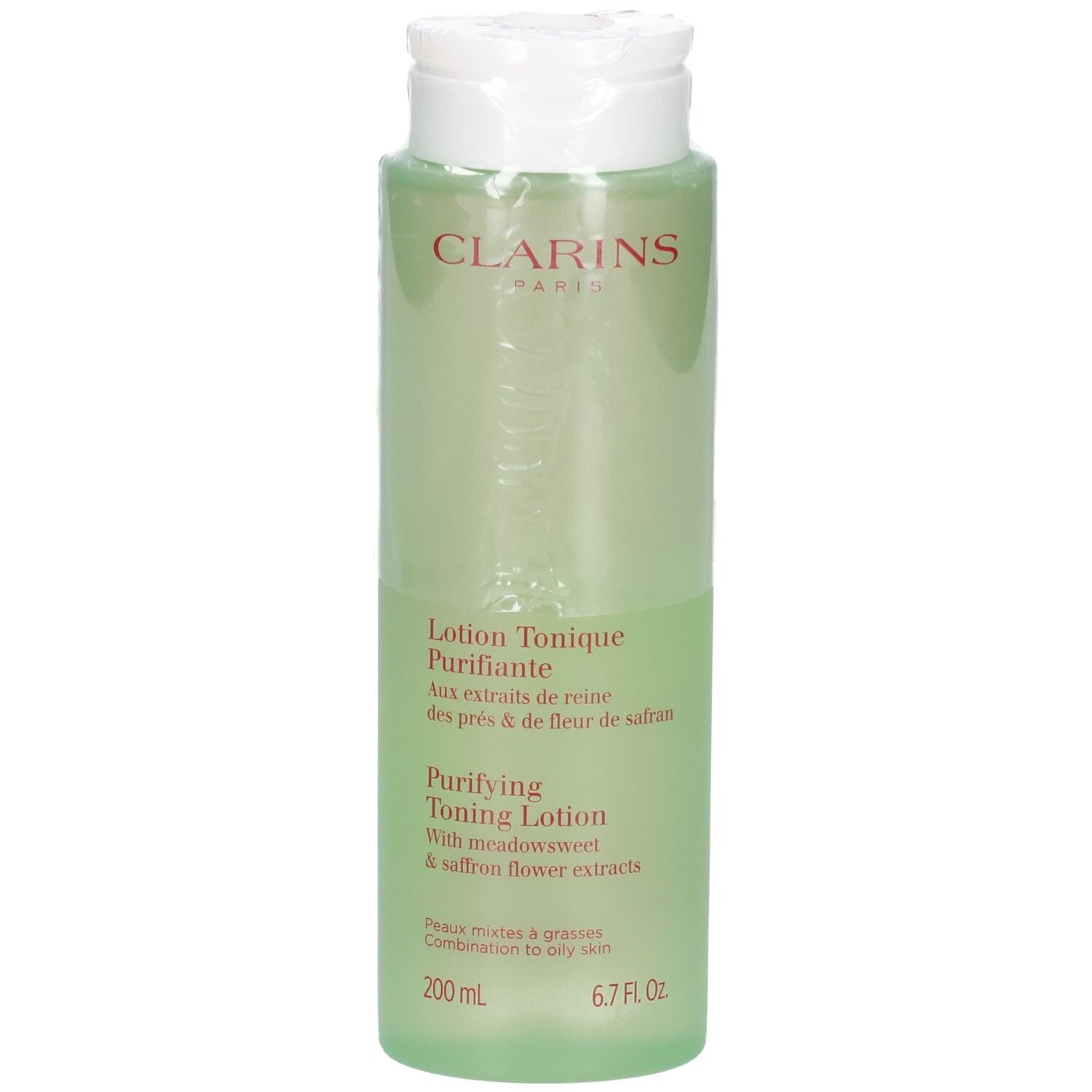 Clarins Lotion Tonique Purifiante, 200 ml, liquido verde chiaro in flacone trasparente.