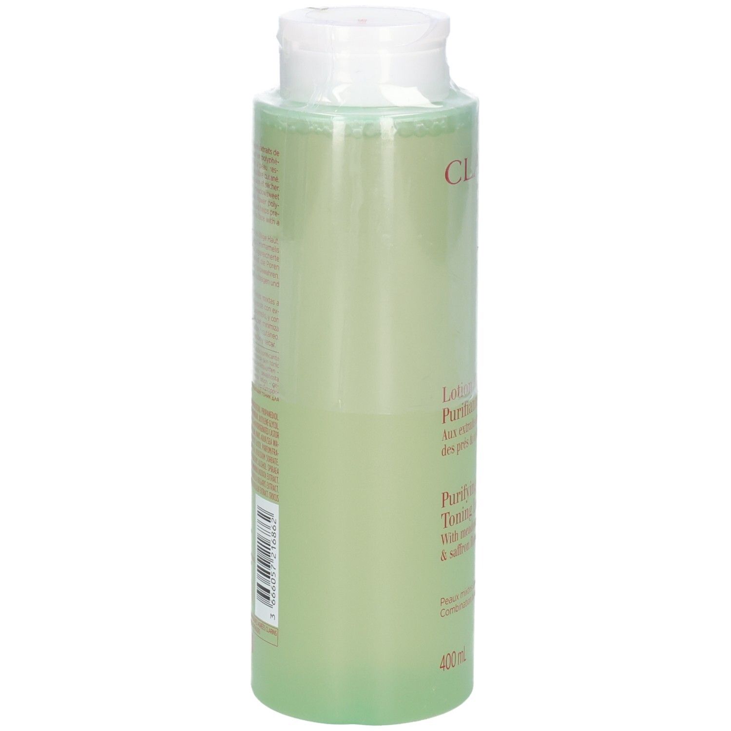 Clarins Lozione Tonica Purificante, 400 ml, retro del flacone con etichetta.