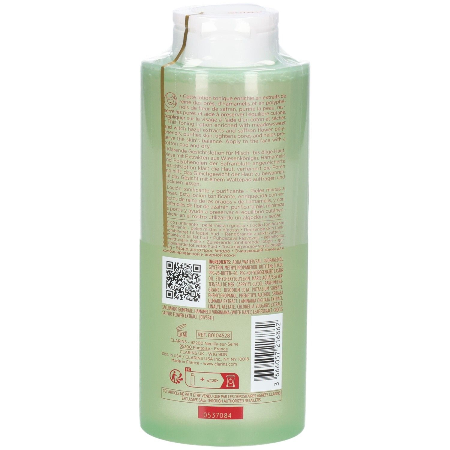 Clarins Lozione Tonica Purificante, 400 ml, retro del flacone con QR code e informazioni.