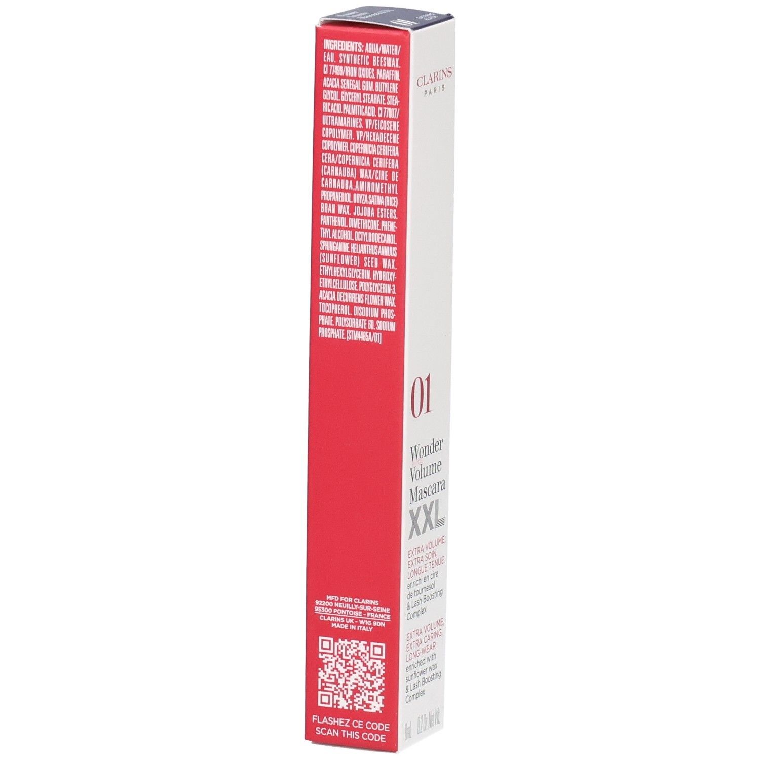 Mascara Clarins Supra Volume XXL, 01 Nero. Retro della confezione con ingredienti e codice QR.