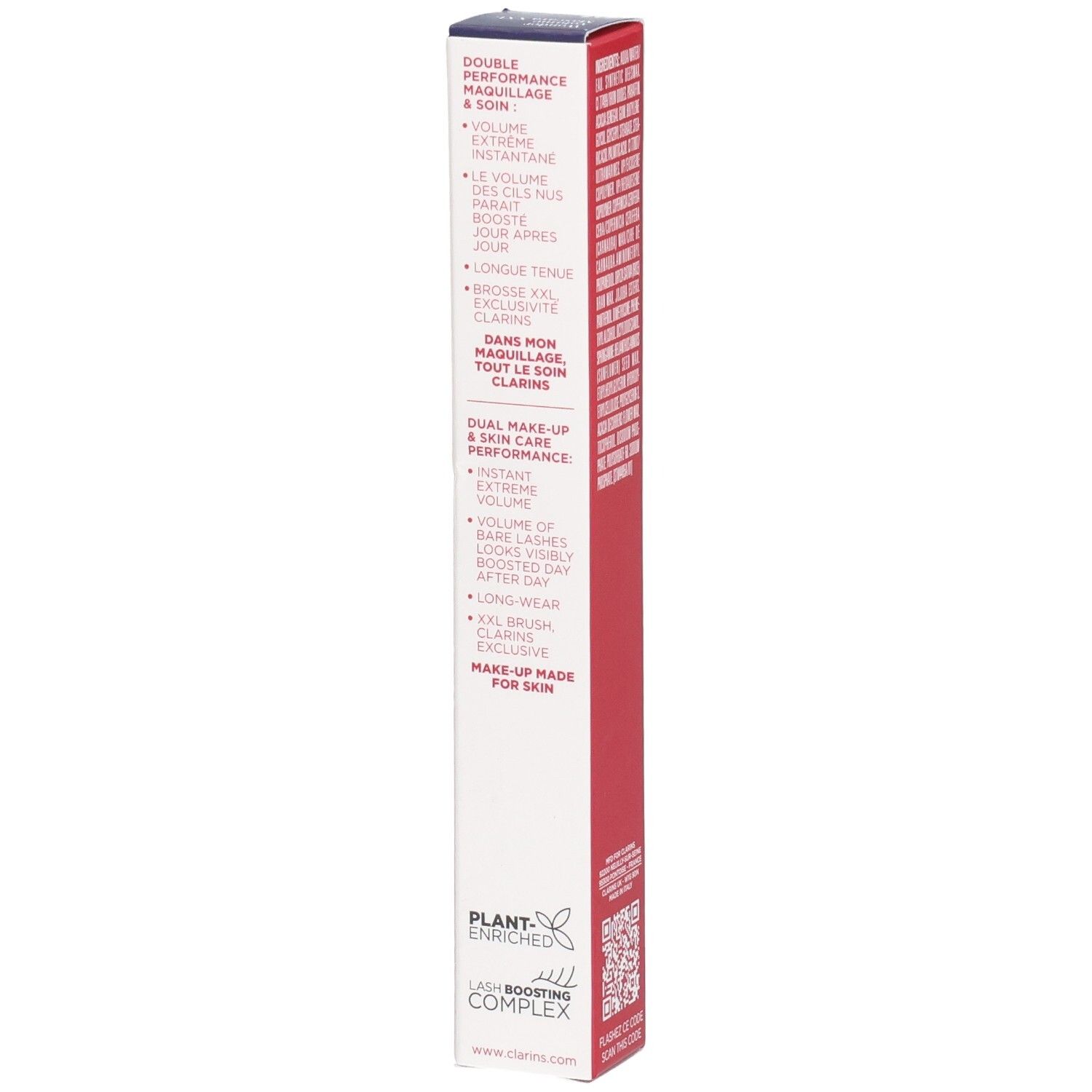Mascara Clarins Supra Volume XXL, 01 Nero. Vista laterale della confezione con le caratteristiche del prodotto.