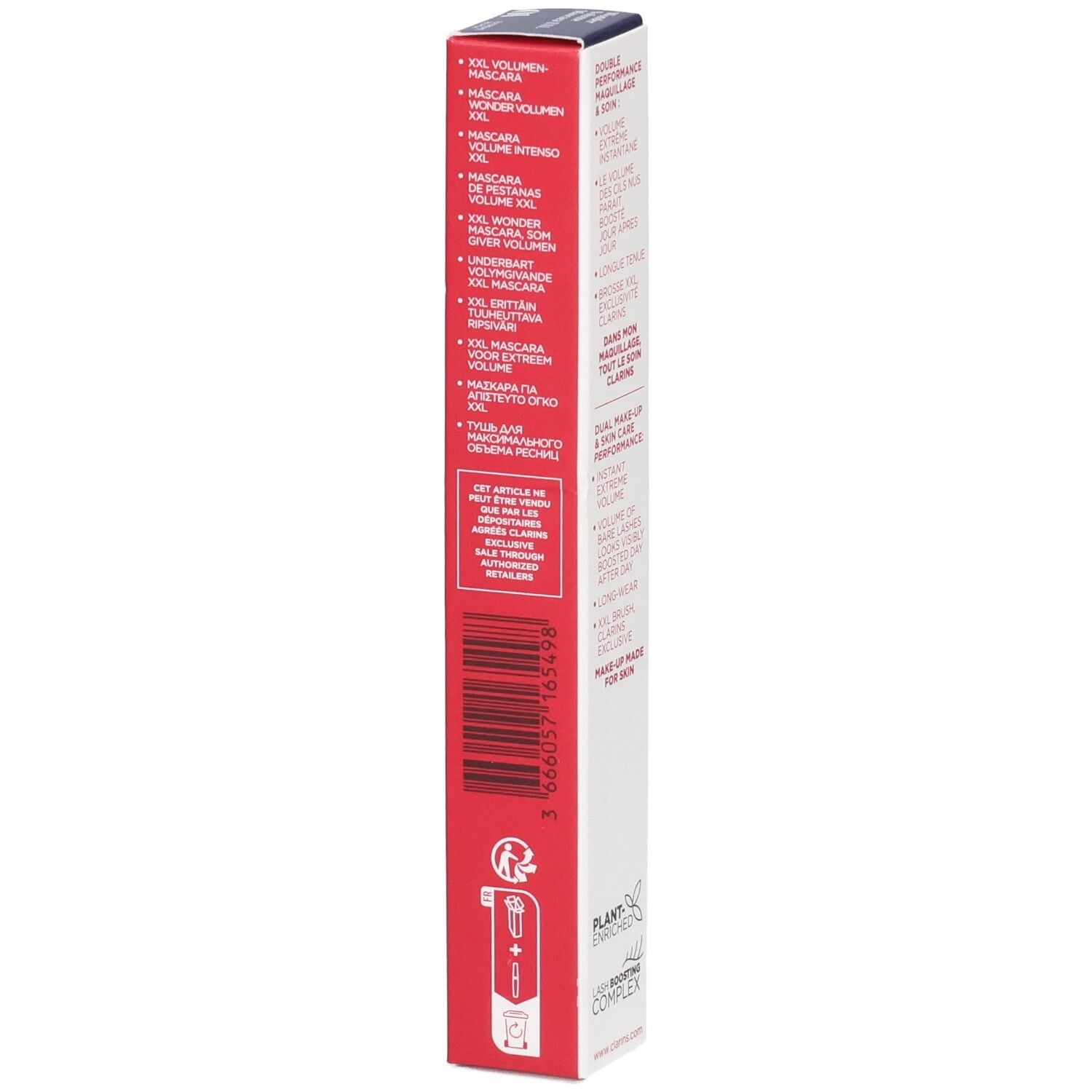 Mascara Clarins Supra Volume XXL, 01 Nero. Retro della confezione con codice a barre e informazioni sul prodotto.