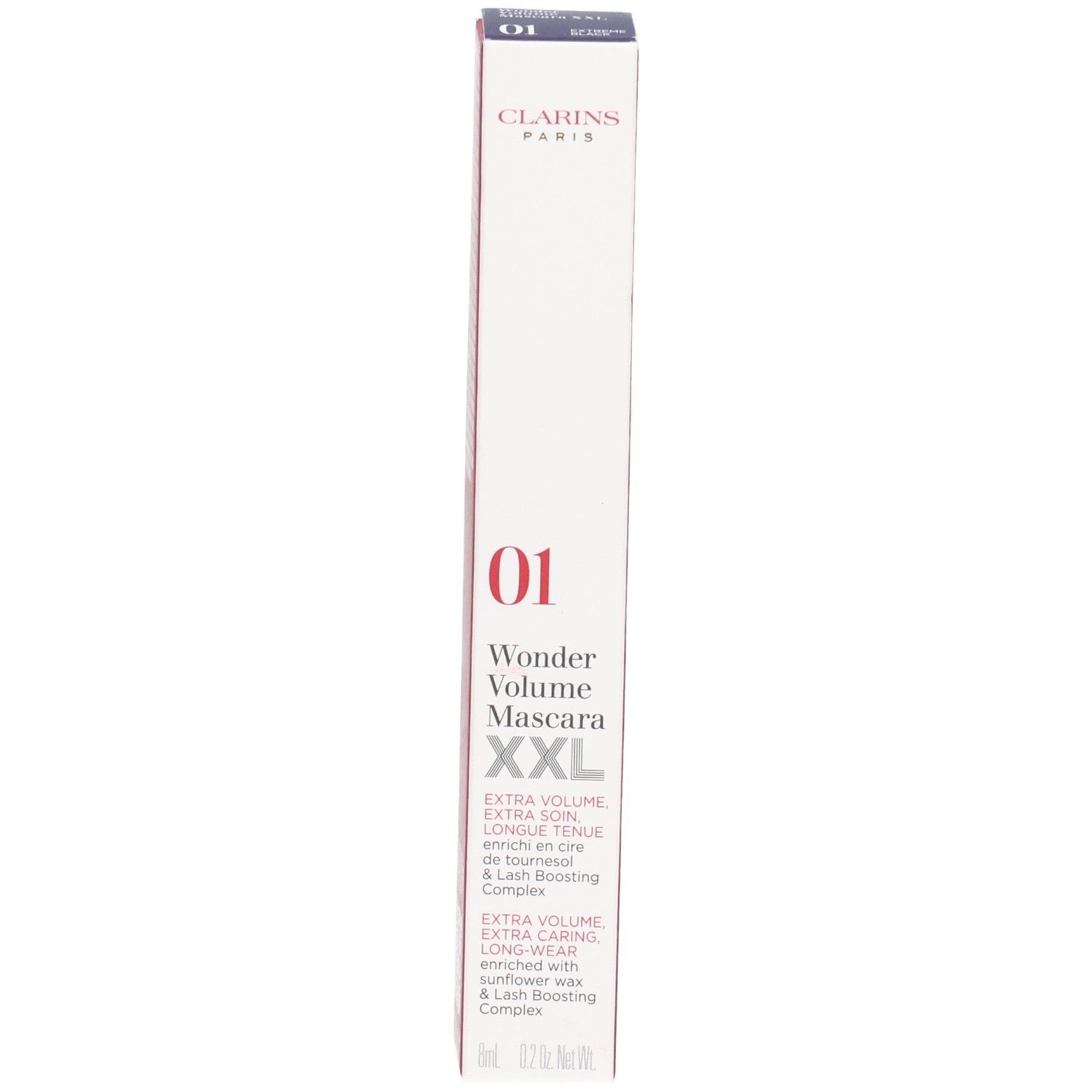 Mascara Clarins Supra Volume XXL, 01 Nero. Fronte della confezione con nome del prodotto e numero colore.