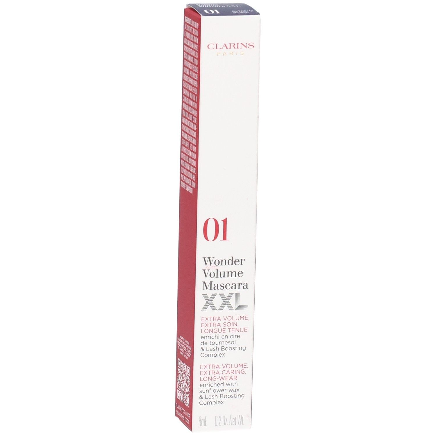 Mascara Clarins Supra Volume XXL, 01 Nero. Confezione con nome del prodotto, numero colore e codice QR.