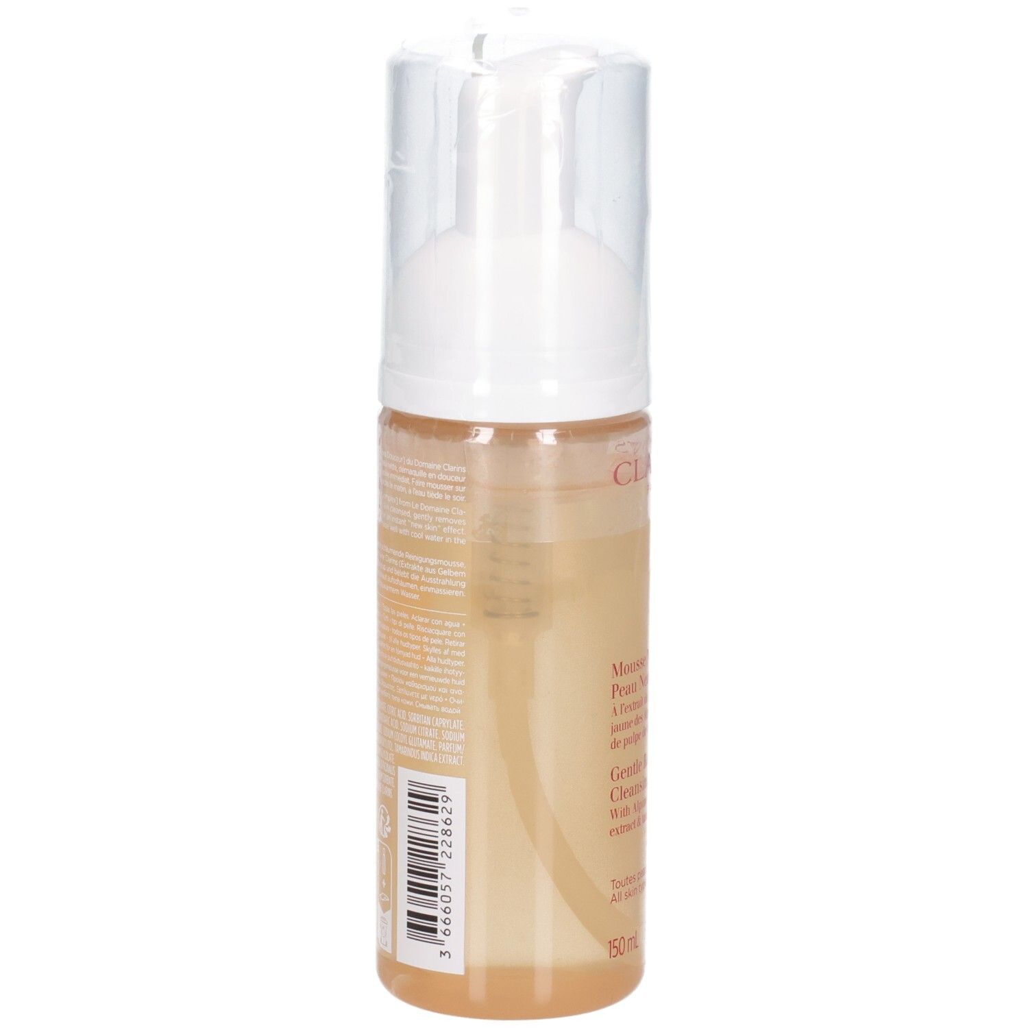 Retro di una bottiglia di mousse detergente Clarins con codice a barre e informazioni testuali.