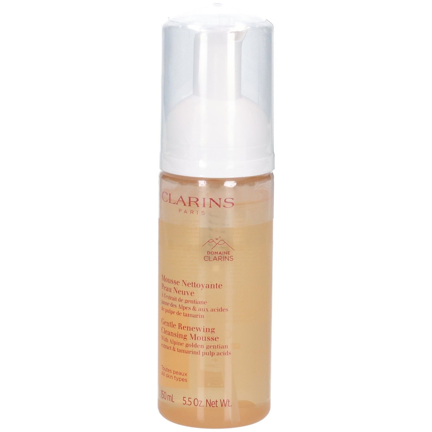Mousse detergente Clarins in un erogatore trasparente con pompa bianca. Liquido giallo visibile.