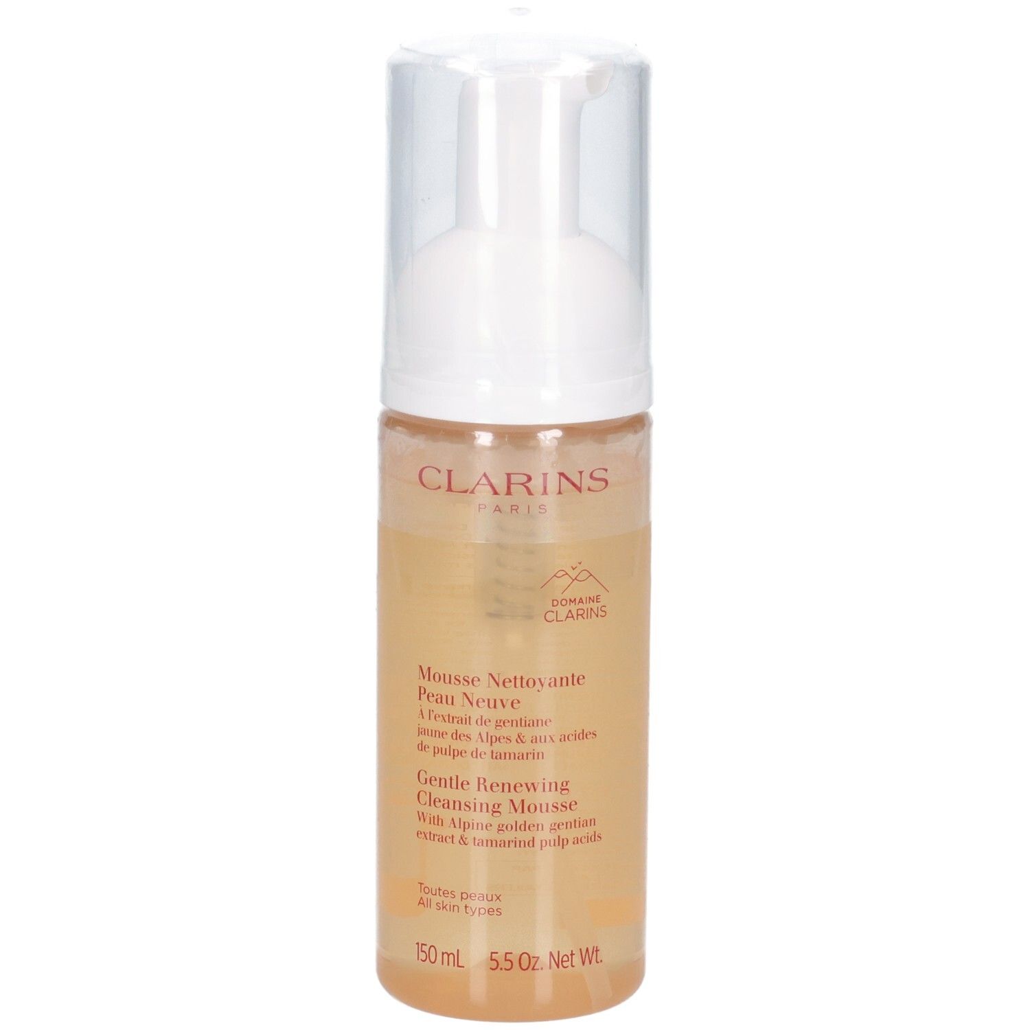 Mousse detergente Clarins in un erogatore trasparente con pompa bianca. Liquido giallo visibile.