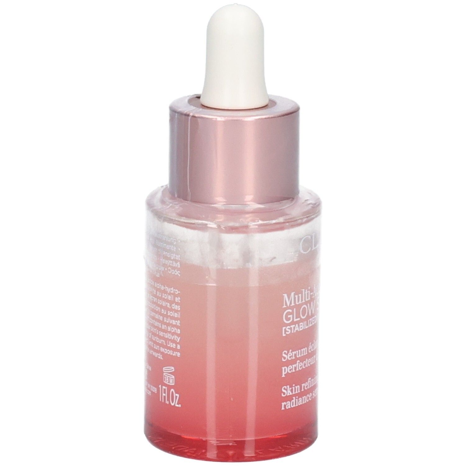 Flacone Clarins Multi Active Glow Serum con contagocce, vetro colorato di rosa, vista laterale.