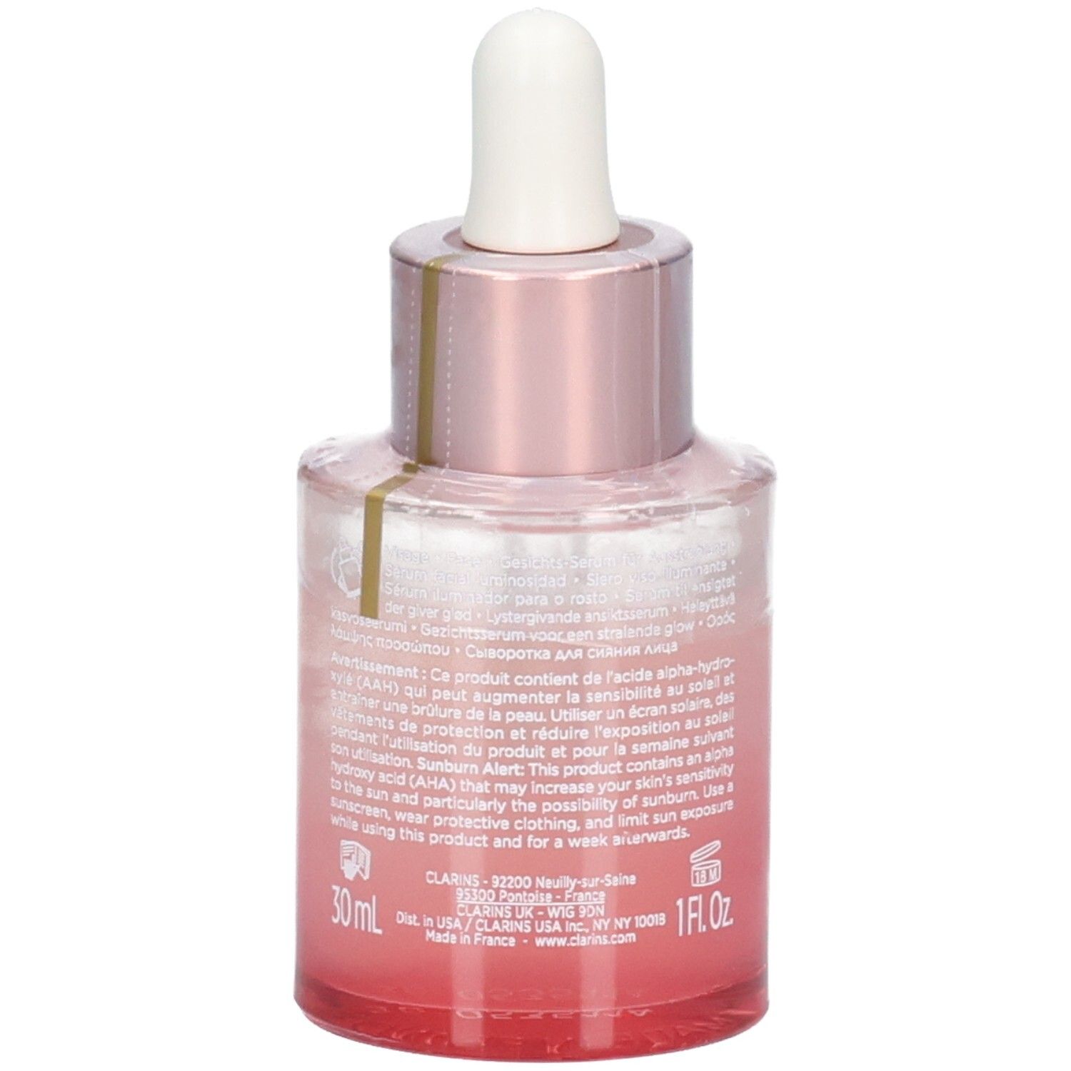 Flacone Clarins Multi Active Glow Serum con contagocce, vetro colorato di rosa, vista posteriore con testo.