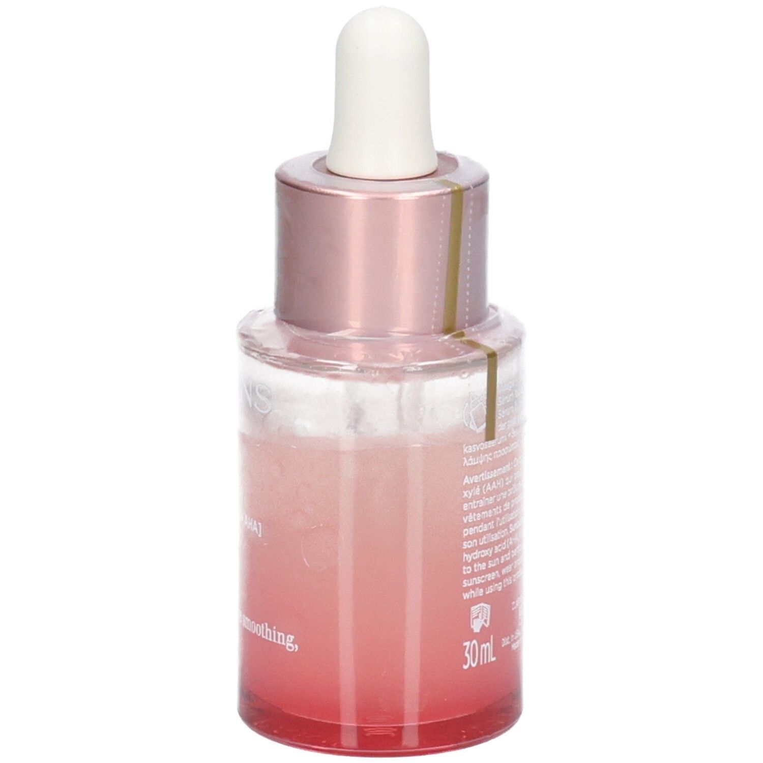 Flacone Clarins Multi Active Glow Serum con contagocce, vetro colorato di rosa, vista laterale obliqua.