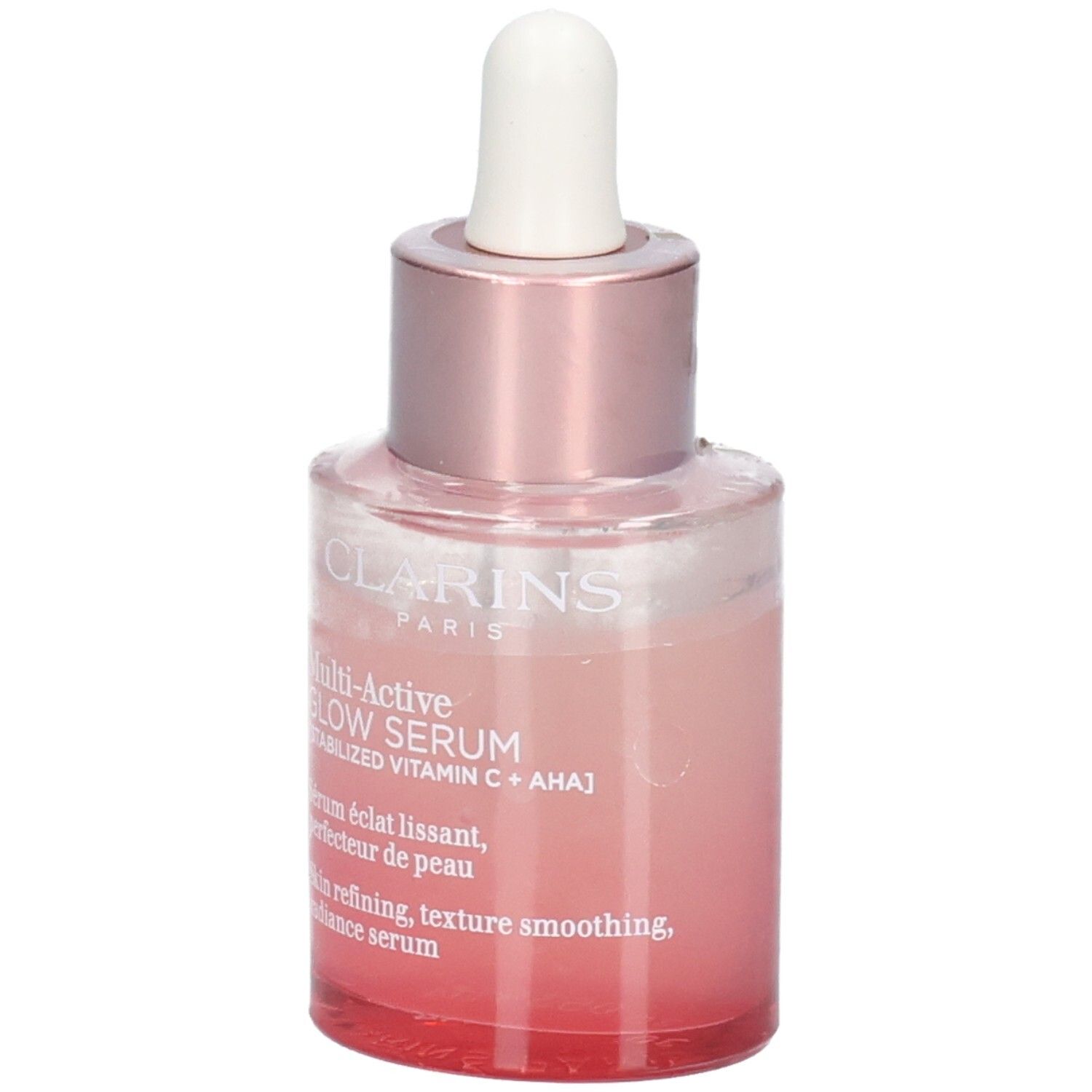 Flacone Clarins Multi Active Glow Serum con contagocce, vetro colorato di rosa, vista frontale.